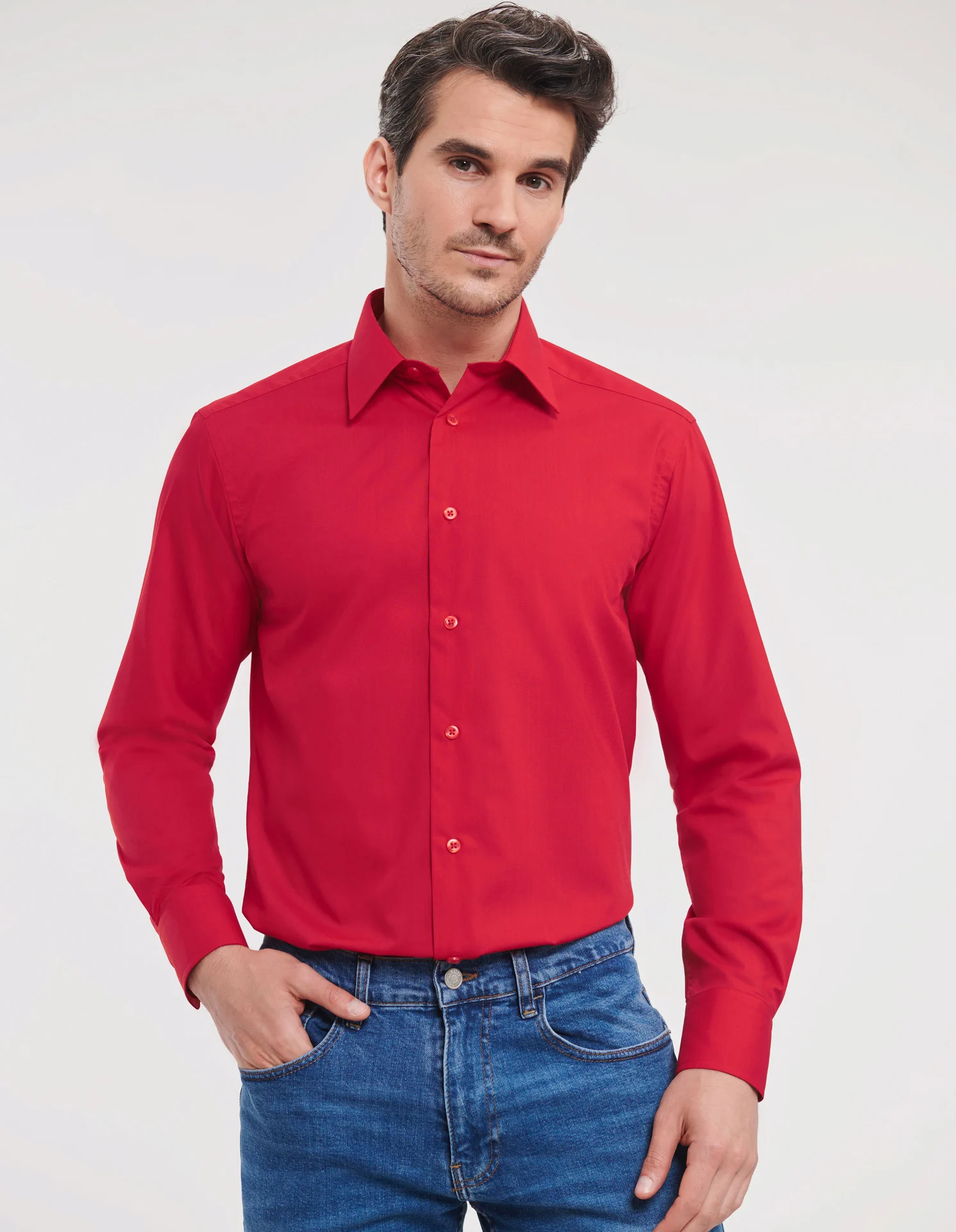 russell-r924m-mens-ls-poly-cotton-easy-care-tailored-poplin-shirt-classicred-model-1 Russell Men's Long Sleeve Polycotton Easy Care Tailored Poplin Shirt