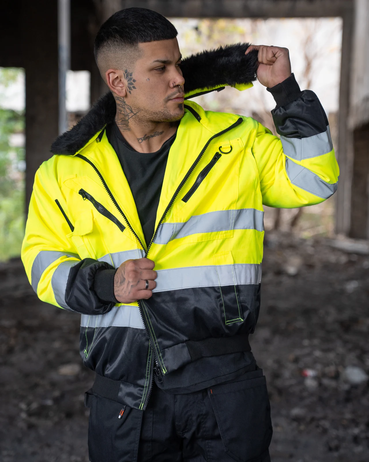 korntex-kxpj-robust-4-in-1-workwear-pilot-jacket-oslo-signalyellow-black-model-1 Korntex Robust 4-in-1 Hi-Vis Pilot Jacket Oslo