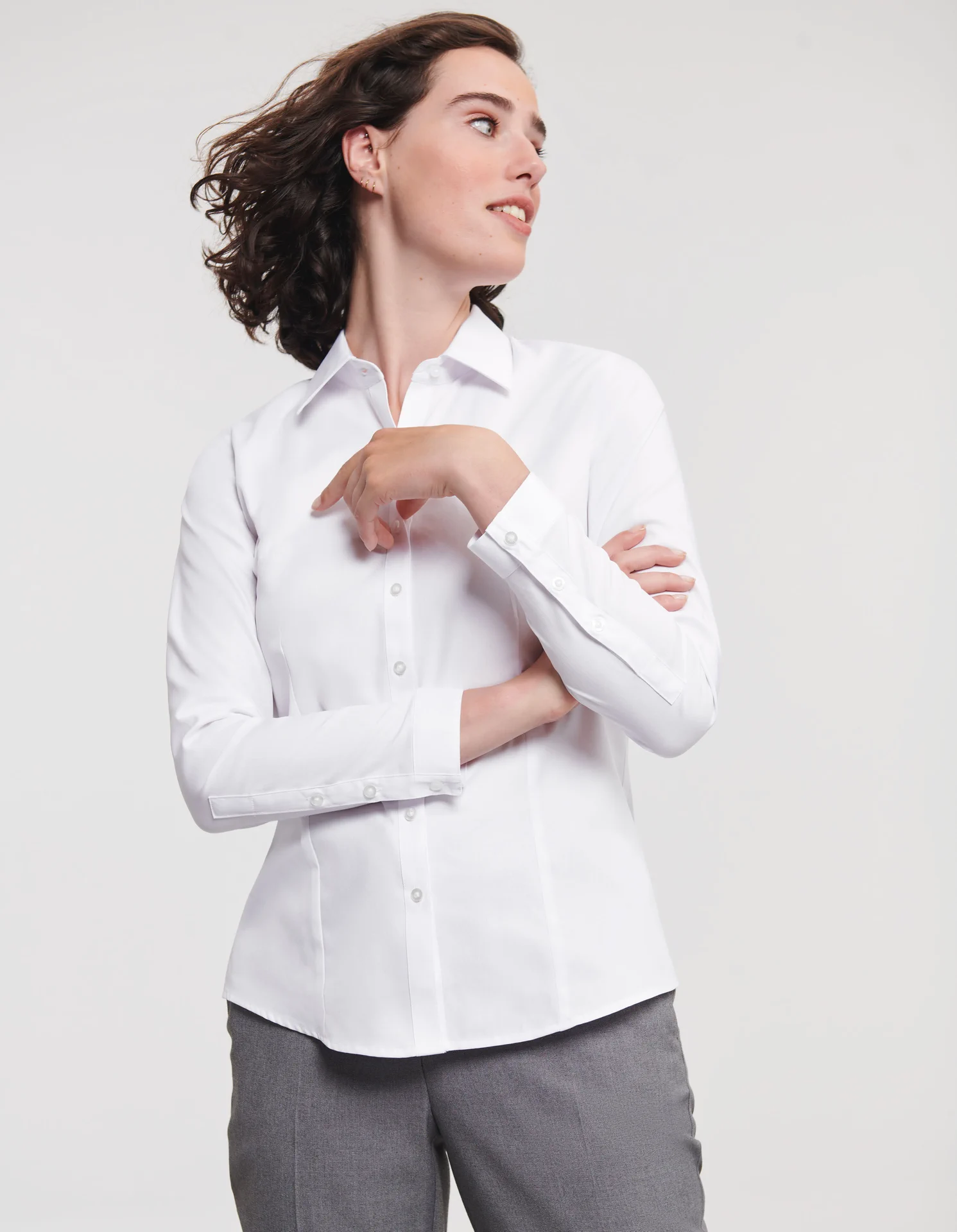 russell-r962f-ladies-ls-herringbone-shirt-white-model-1 Russell Ladies Long Sleeve Herringbone Shirt