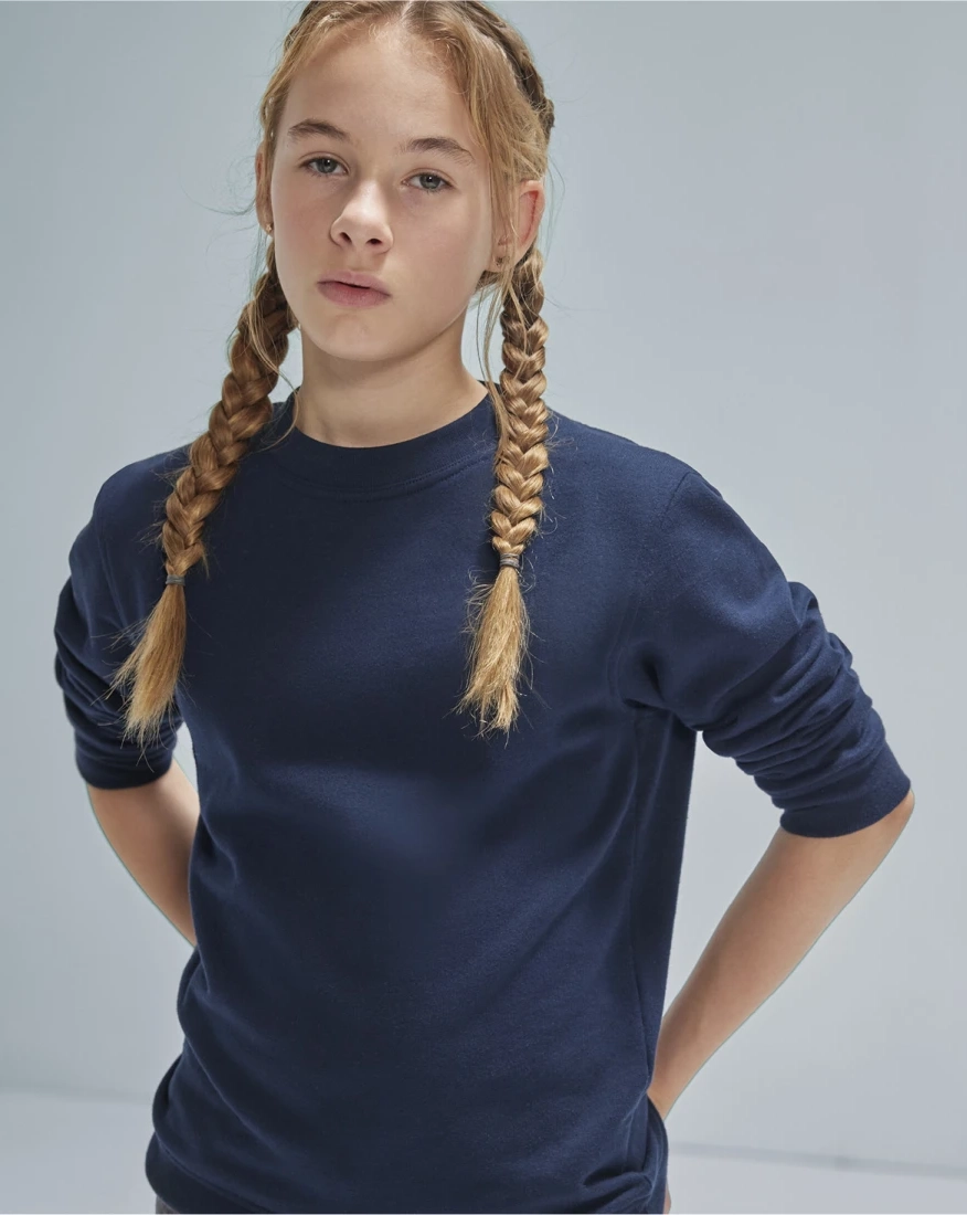 bc-wk001-id.332-crew-sweatshirt-kids-navy-model-2 B&C Kids ID.332 Crew Sweatshirt
