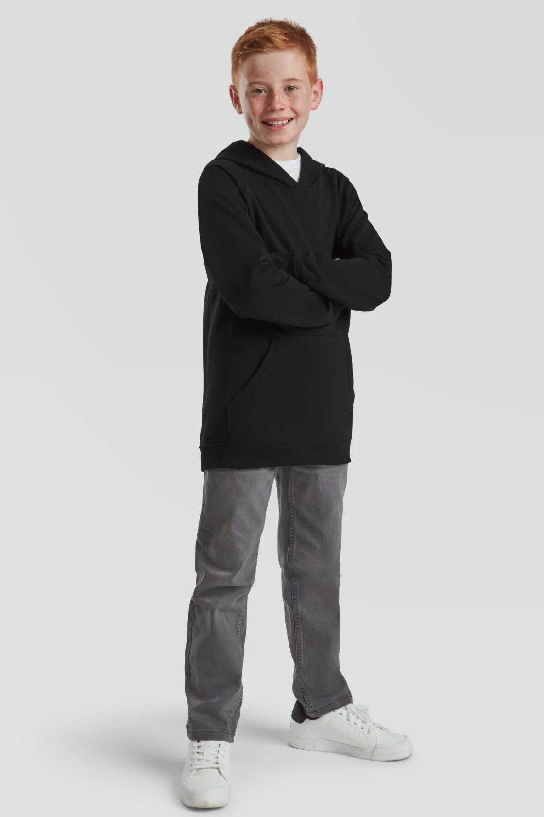 fruit-of-the-loom-62-009-0-kids-lightweight-hooded-sweatshirt-black-model-3 F.O.L. Kids Lightweight Hooded Sweat