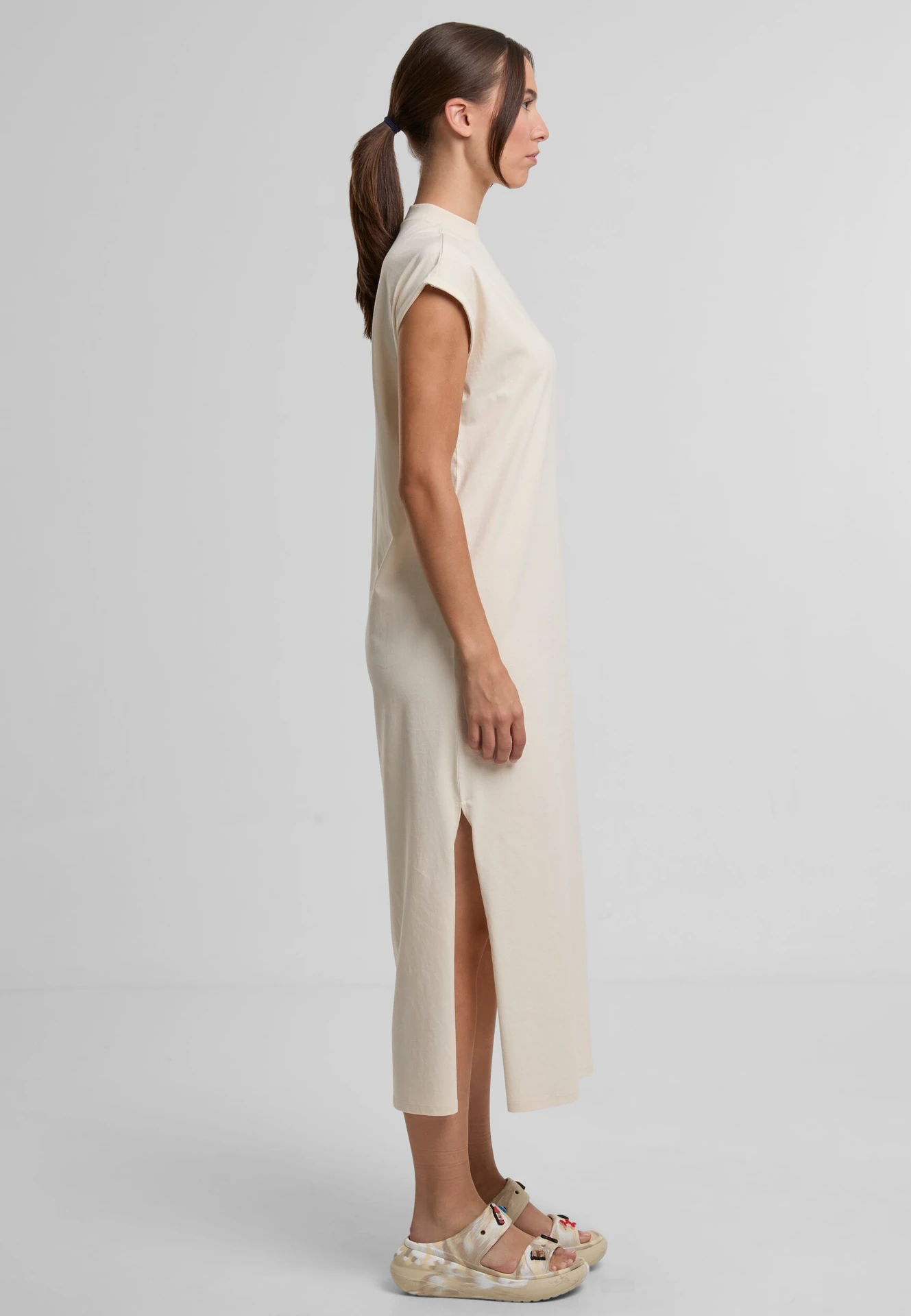 BYB-BY302-ladies-long-extended-shoulder-dress-whitesand-model-3 Build Your Brand Ladies Long Extended Shoulder Dress