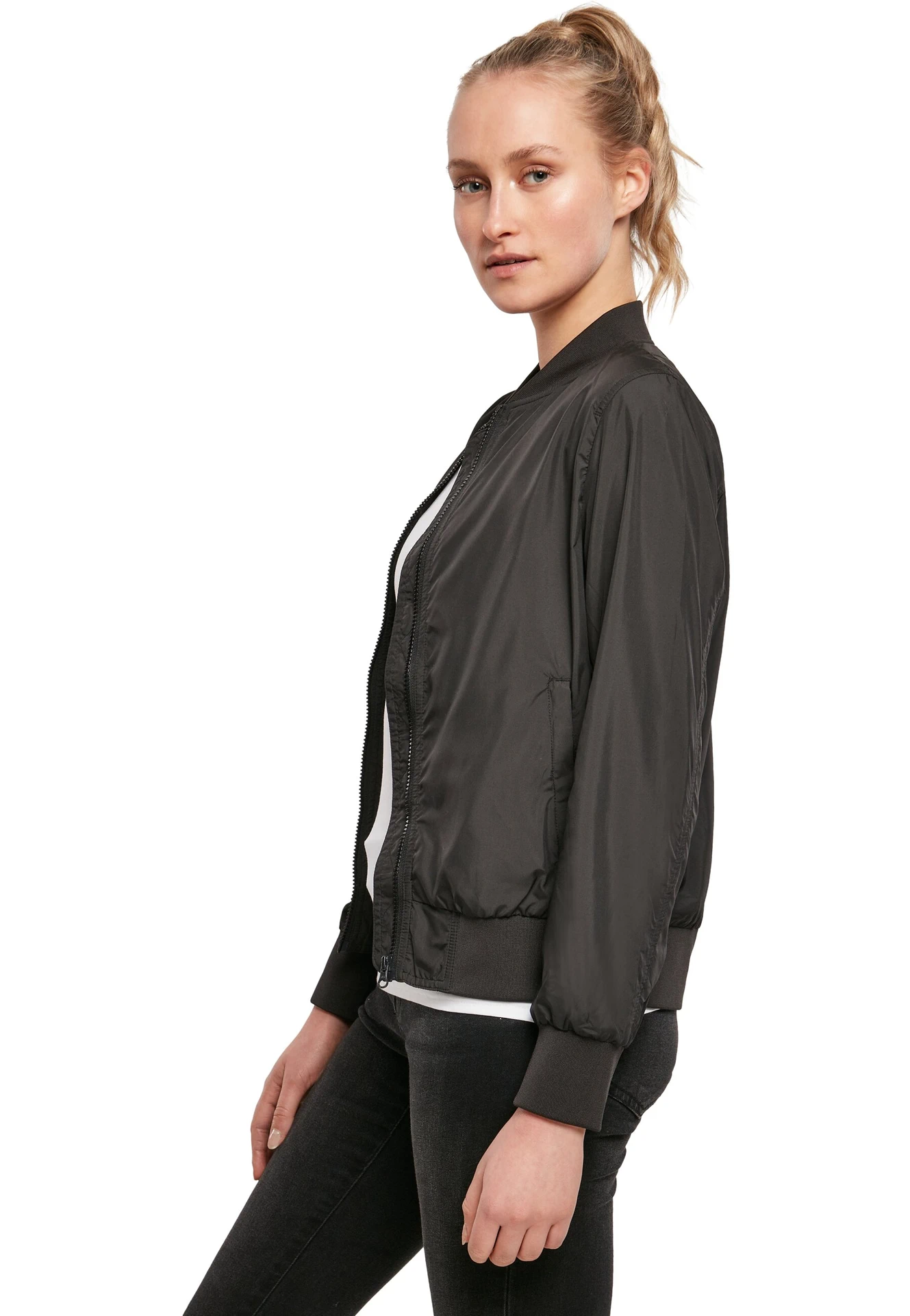 BYB-BY044-ladies-nylon-bomber-jacket-black-model-1 Build Your Brand Ladies Nylon Bomber Jacket