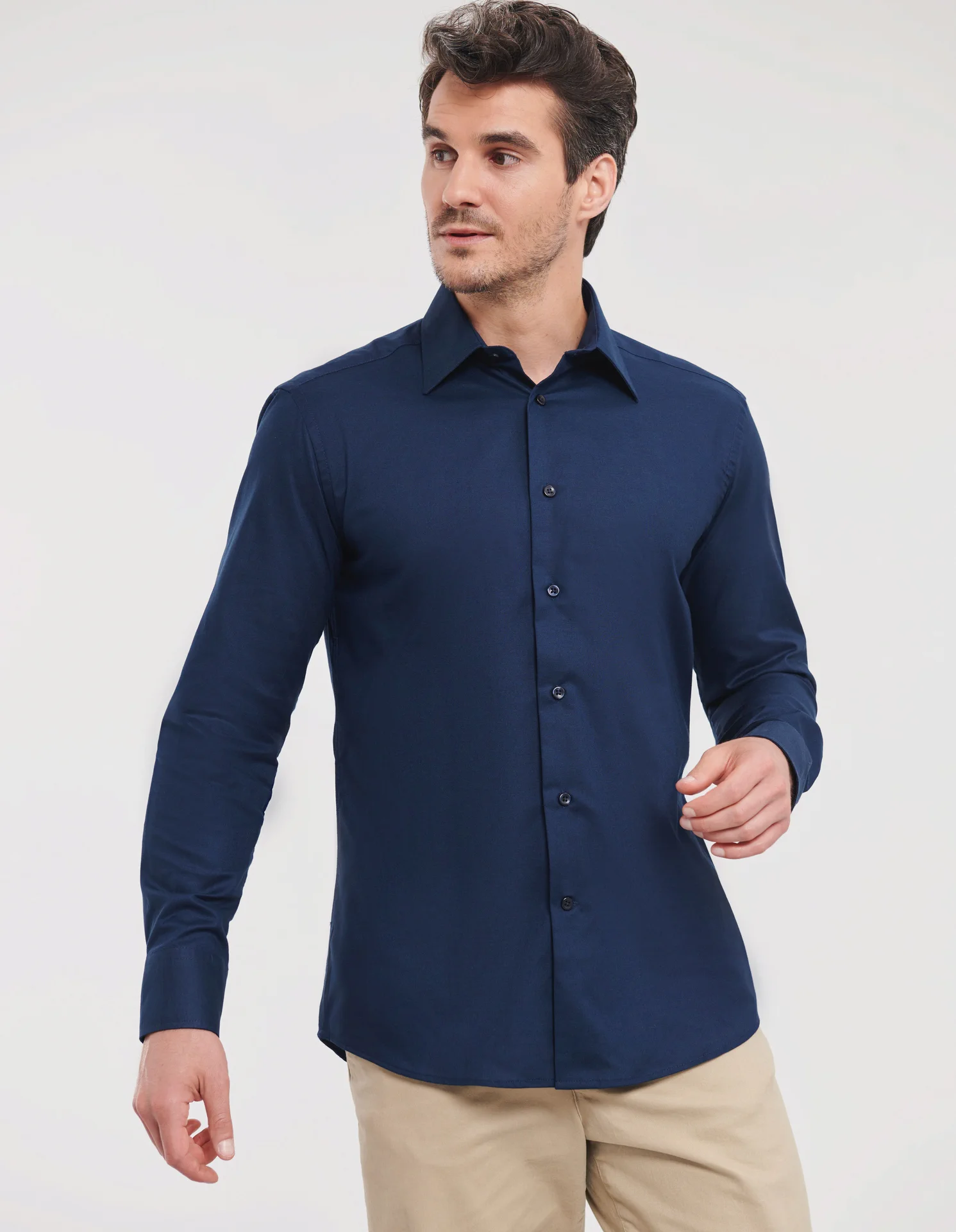 russell-r922m-mens-ls-easy-care-tailored-oxford-shirt-brightnavy-model-1 Russell Men's Long Sleeve Easy Care Tailored Oxford Shirt