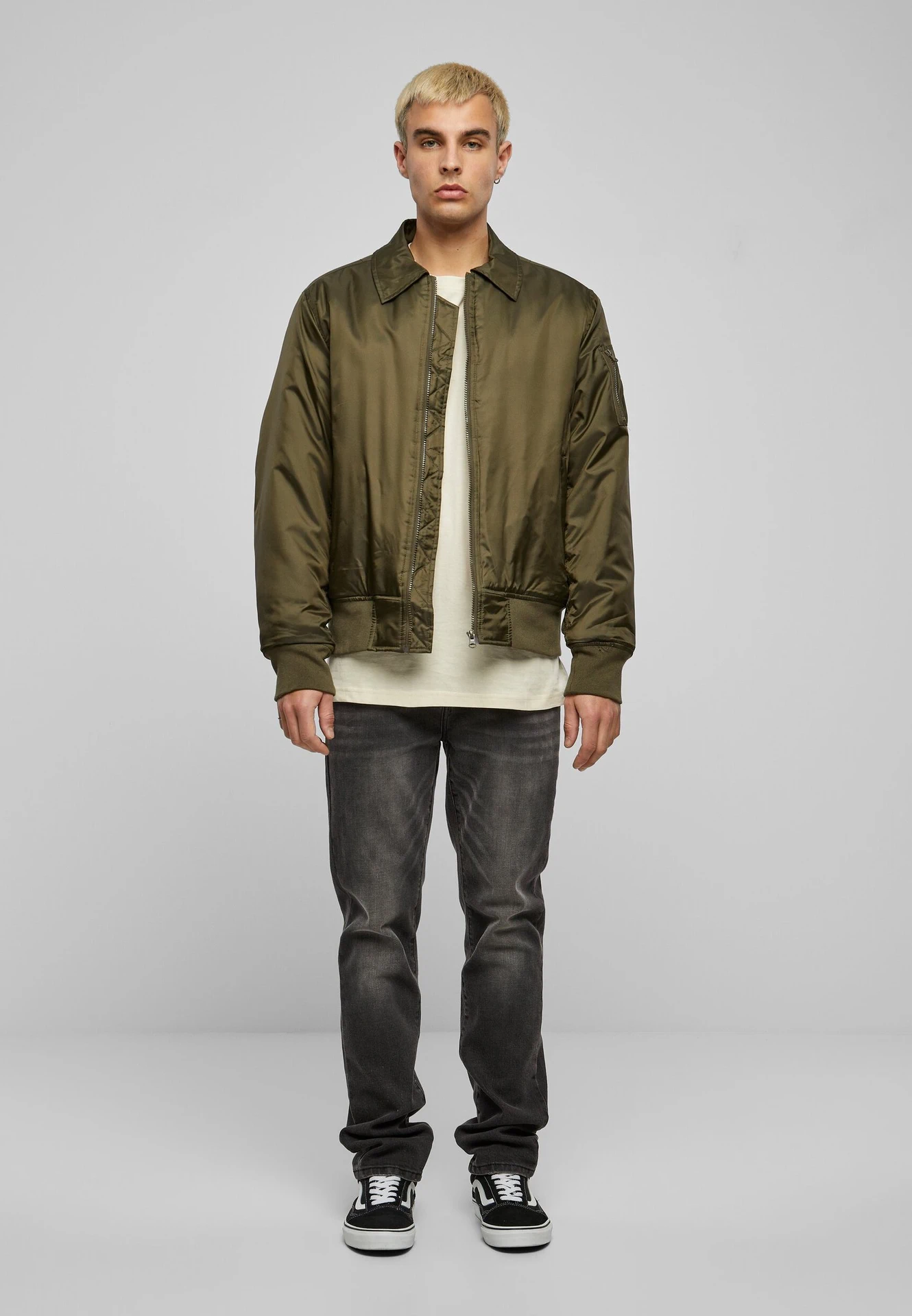 BYB-BY157-collar-bomber-jacket-darkolive-model-3 Build Your Brand Collar Bomber Jacket