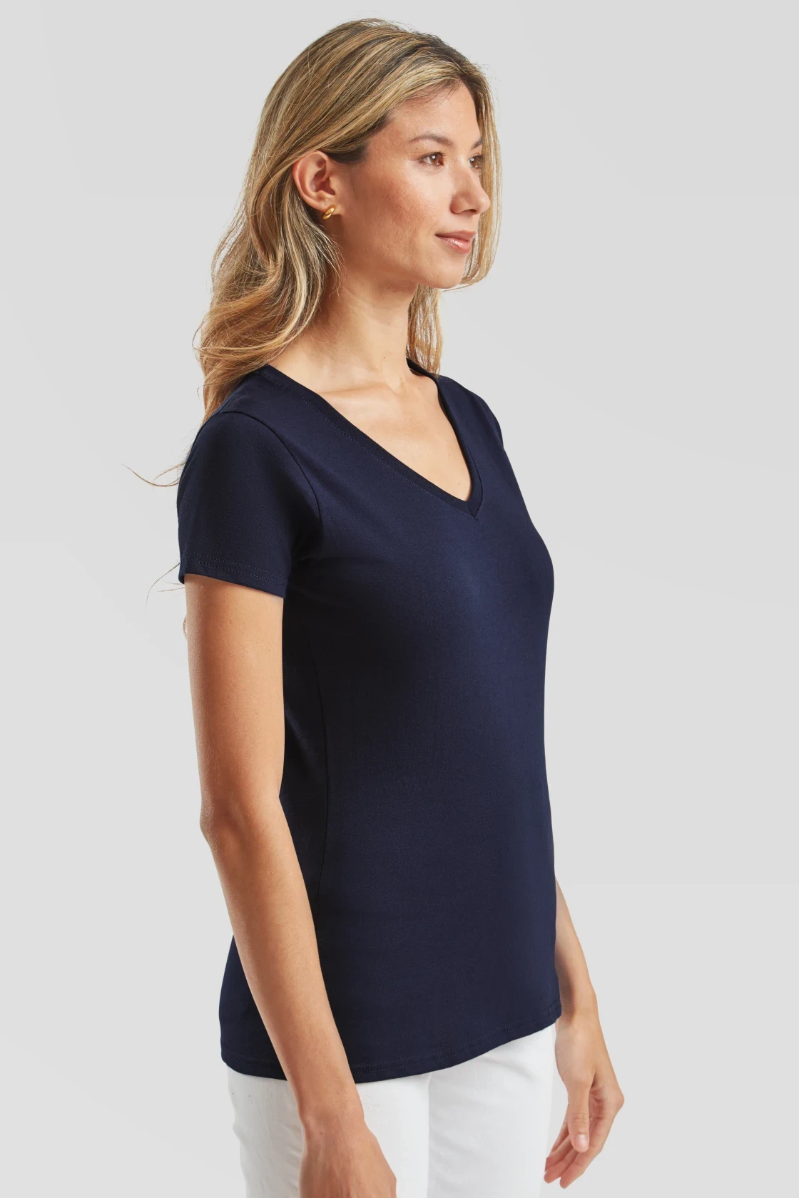 fruit-of-the-loom-61-398-0-ladies-valueweight-v-neck-t-shirt-deepnavy-model-1 F.O.L. Lady-Fit Valueweight V-Neck T