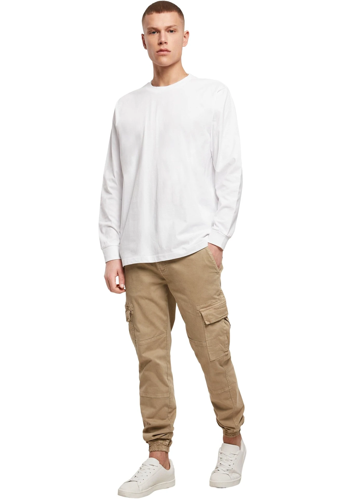 BYB-BY091-long-sleeve-t-shirt-with-cuffrib-white-model-3 Build Your Brand Long Sleeve Tee With Cuffrib
