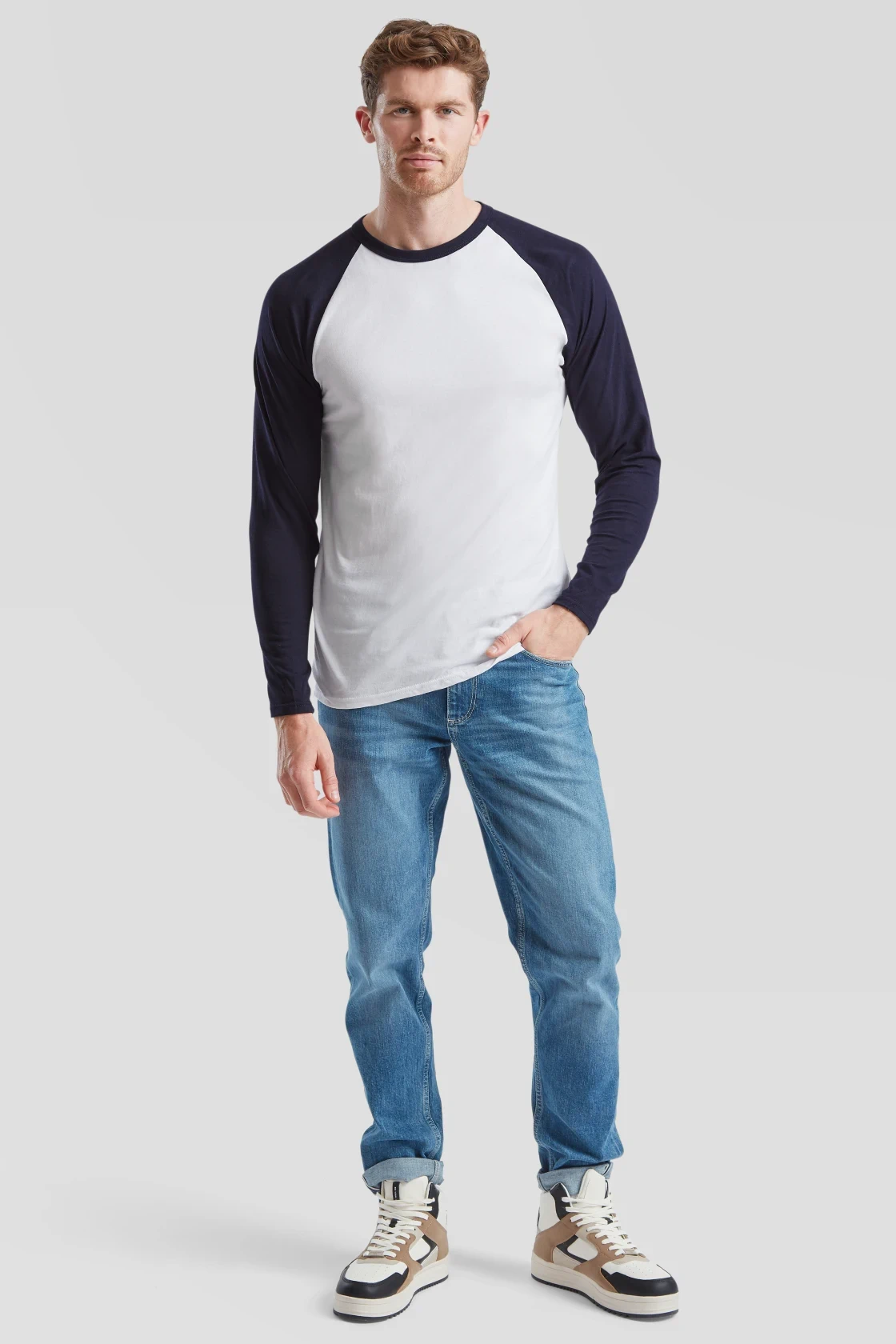 fruit-of-the-loom-61-028-0-valueweight-long-sleeve-baseball-t-shirt-white-deepnavy-model-3 F.O.L. Long Sleeve Baseball T