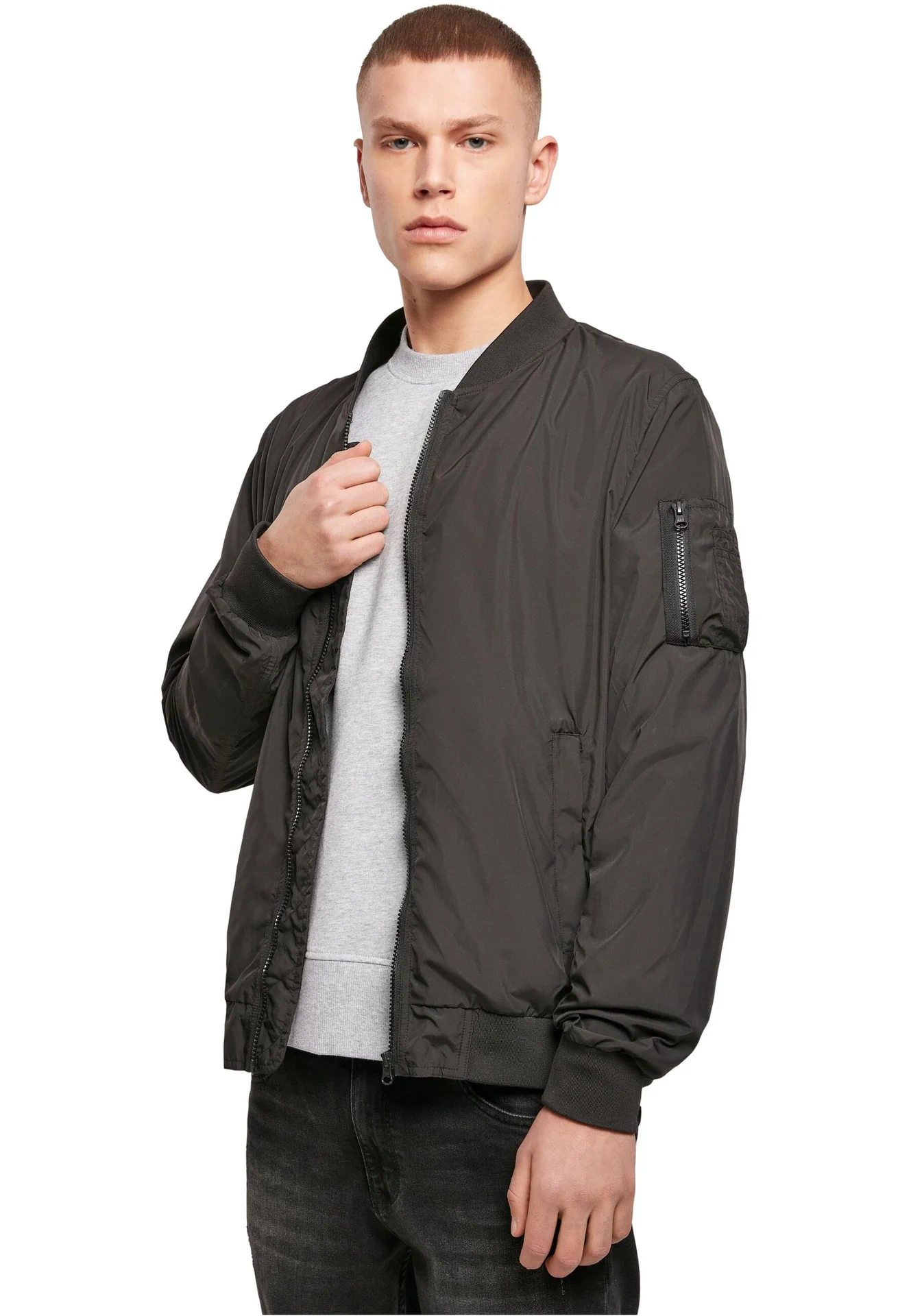 BYB-BY045-nylon-bomber-jacket-black-model-0 Build Your Brand Nylon Bomber Jacket