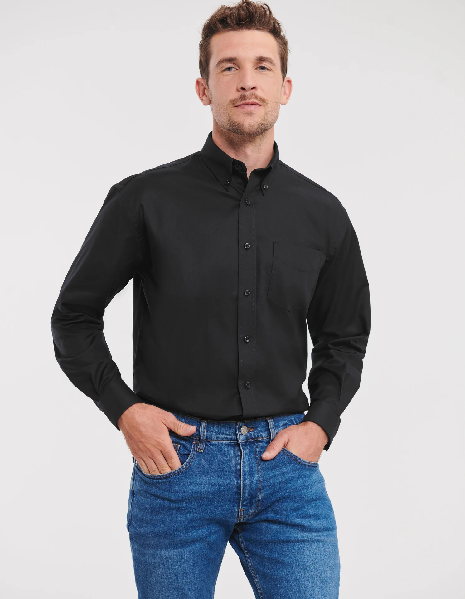 russell-r932m-mens-ls-easy-care-oxford-shirt-black-model-1 Russell Men's Long Sleeve Easy Care Oxford Shirt