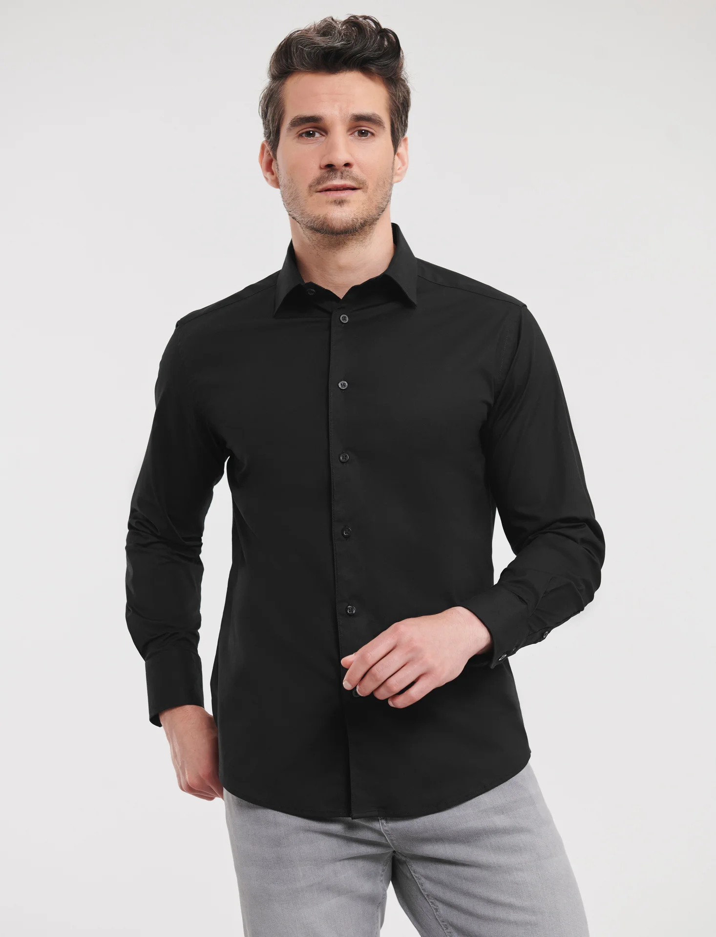 russell-r946m-mens-ls-easy-care-fitted-shirt-black-model-1 Russell Men's Long Sleeve Easy Care Fitted Shirt