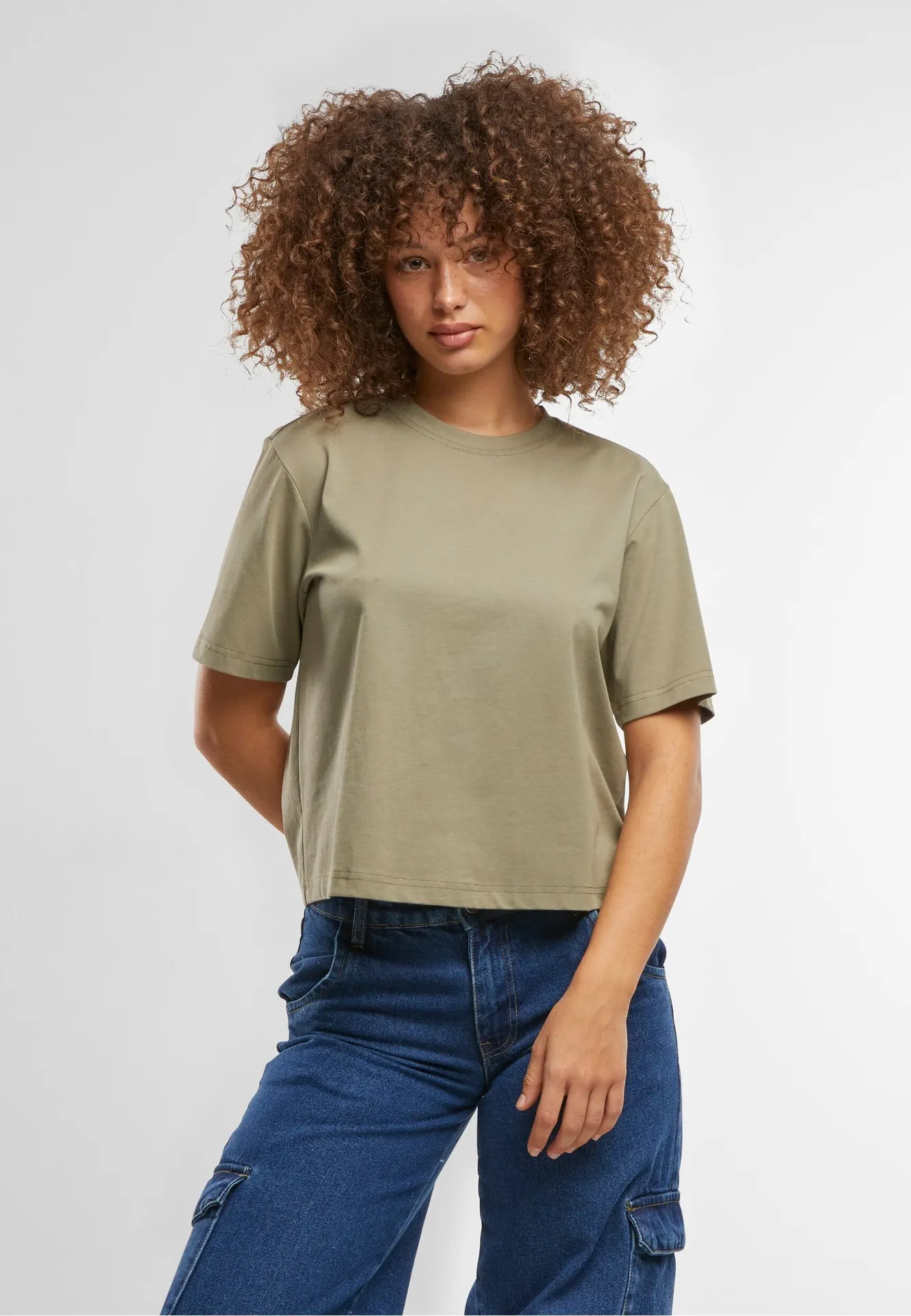 BYB-BY369-sorona-ladies-regular-boxy-t-shirt-paleolive-model-0 Build Your Brand Sorona® Ladies Regular Boxy Tee