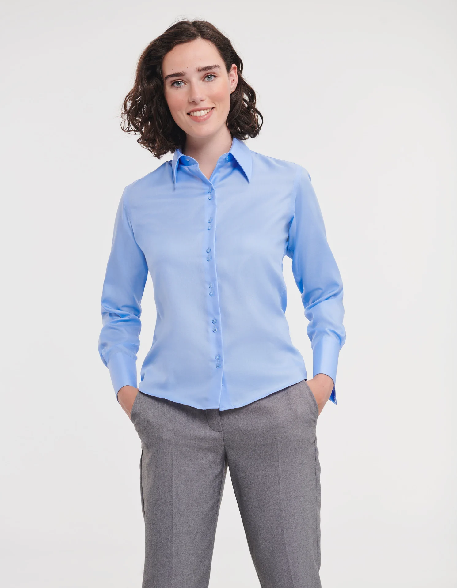 russell-r956f-ladies-ls-ultimate-non-iron-shirt-brightsky-model-1 Russell Ladies Long Sleeve Ultimate Non-Iron Shirt