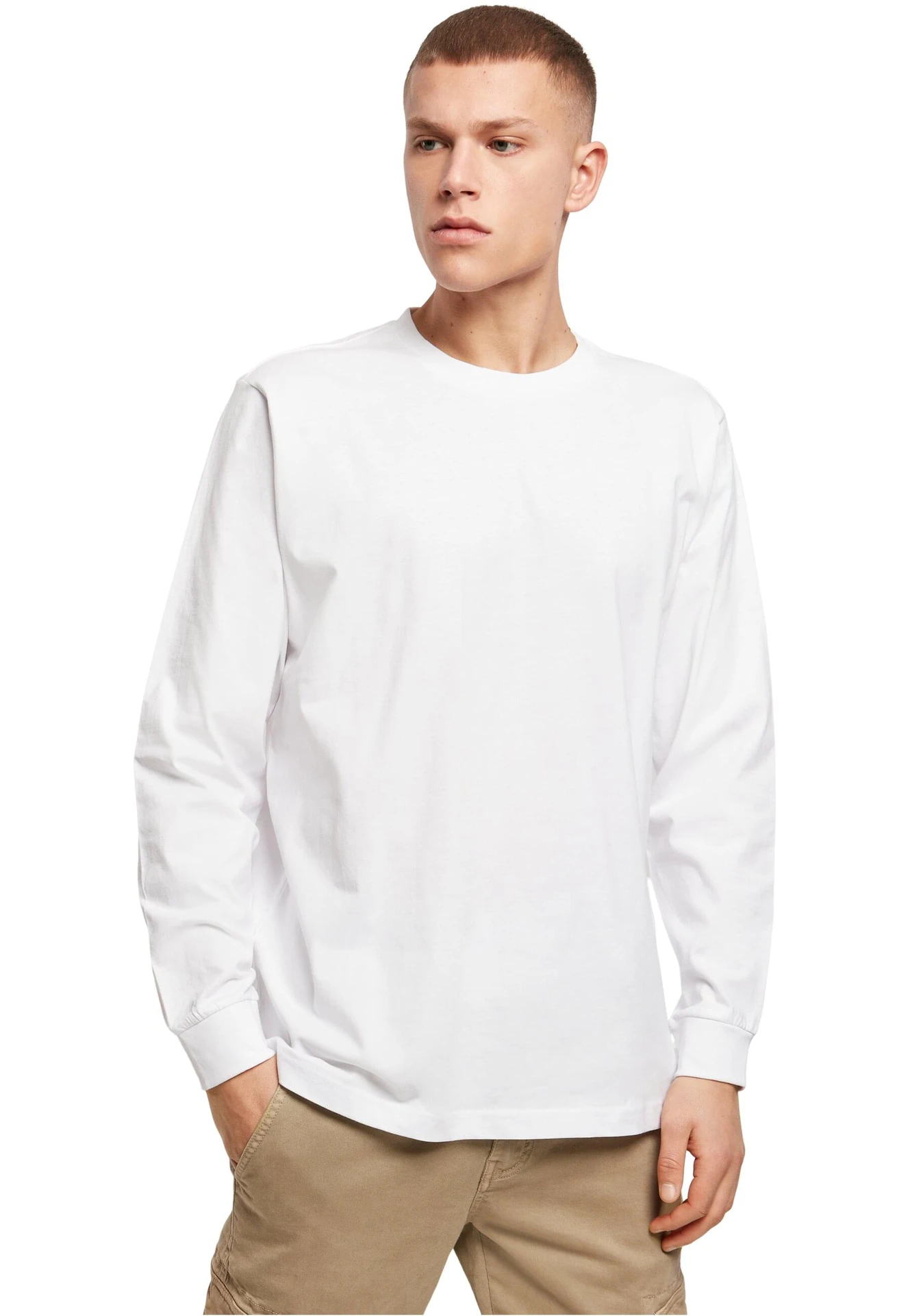 BYB-BY091-long-sleeve-t-shirt-with-cuffrib-white-model-0 Build Your Brand Long Sleeve Tee With Cuffrib