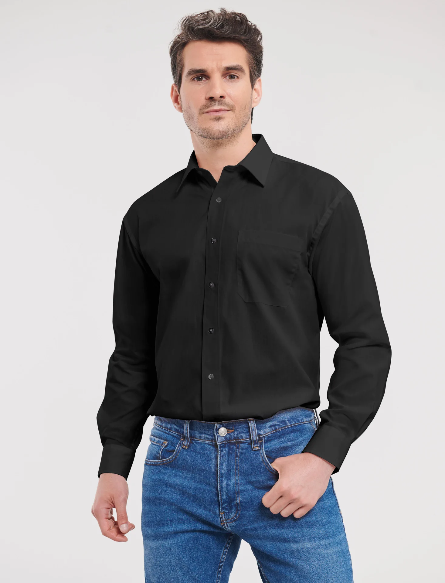 russell-r936m-mens-ls-pure-cotton-easy-care-poplin-shirt-black-model-1 Russell Men's Long Sleeve Pure Cotton Easy Care Poplin Shirt