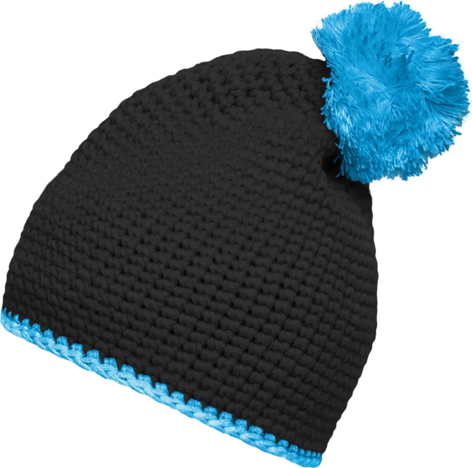 daiber-mb7964-pompon-hat-with-contrast-stripe-black-turquoise-left-4 myrtle beach Pompon Hat with Contrast Stripe