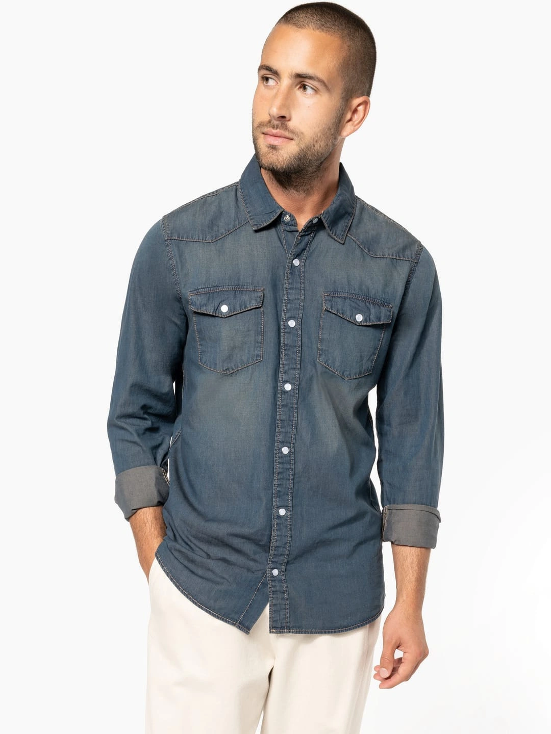 K519-denim-hemd-langarm-model-0 Kariban Denim Hemd langarm