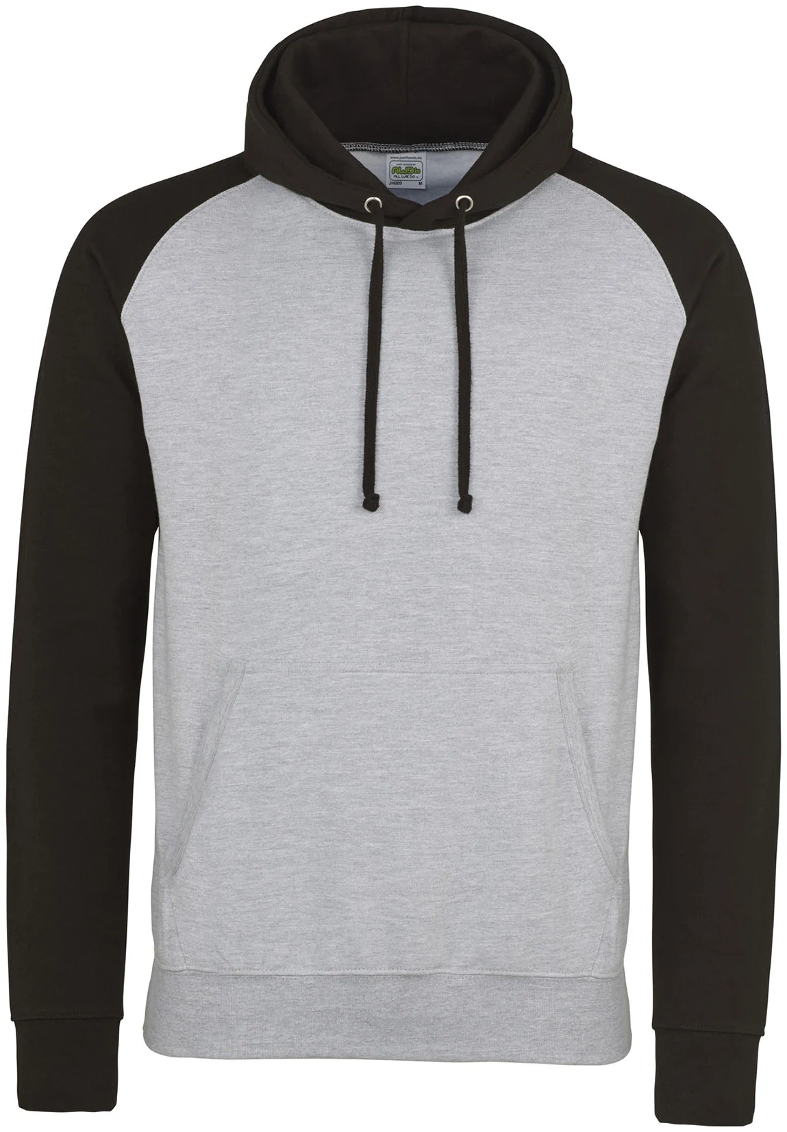 justhoods-jh009-baseball-hoodie-heathergrey-jetblack-front-1 Just Hoods Baseball Hoodie
