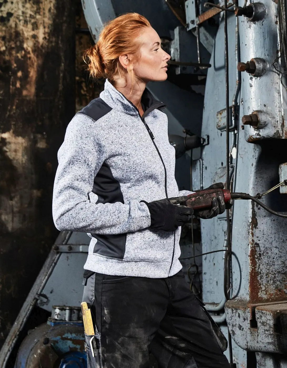 jn861-ladies-knitted-workwear-fleece-jacket-model-1 James & Nicholson Ladies Knitted Workwear Fleece Jacket -STRONG-