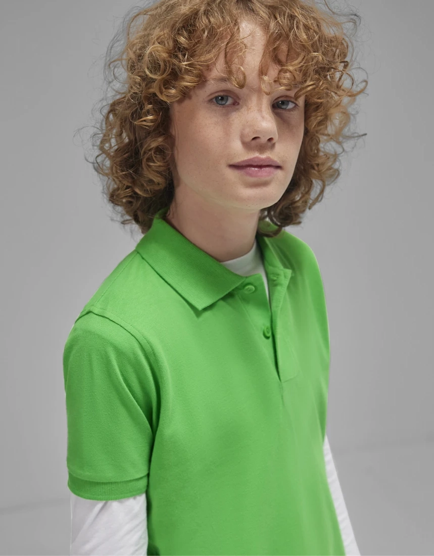 bc-pk001-my-poloshirt-180-kids-applegreen-model-1 B&C Kids My Polo 180