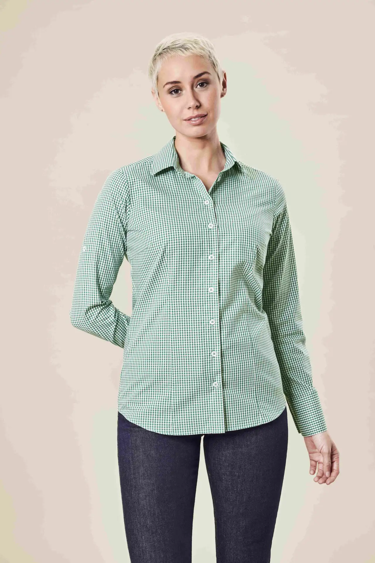 greiff-65213-damen-bluse-11-rf-basic_1170_vichy-karo-gruen-model-1 GREIFF Damen Bluse vichy karo BASIC Regular Fit
