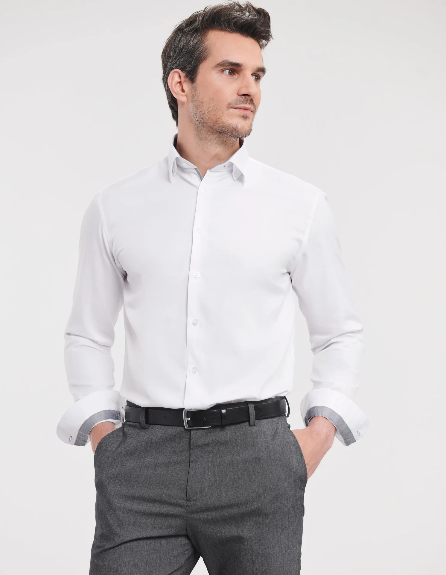 russell-r964m-mens-ls-tailored-contrast-herringbone-shirt-white-model-1 Russell Men's Long Sleeve Tailored Contrast Herringbone Shirt