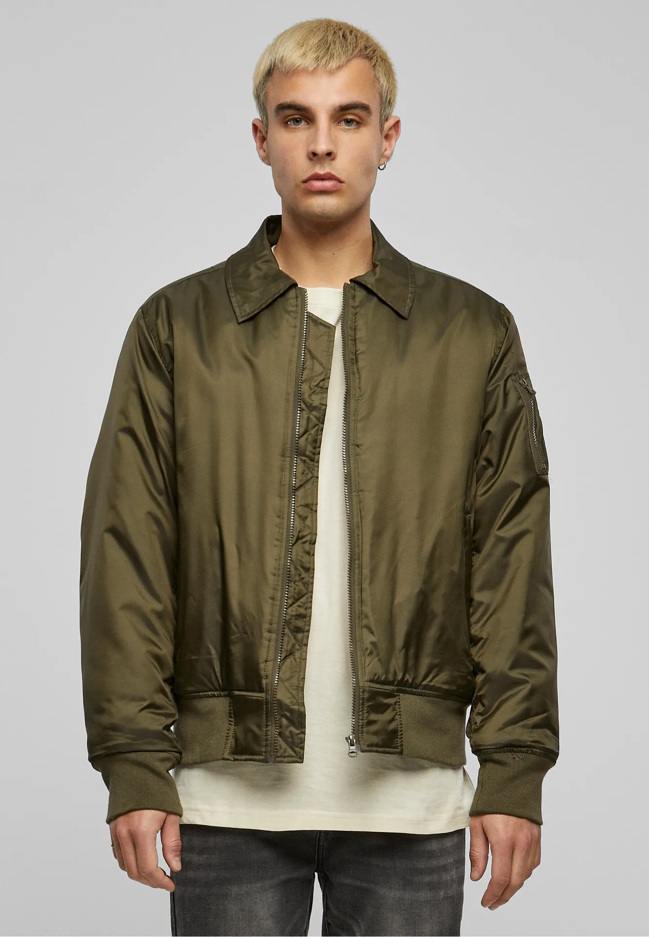 BYB-BY157-collar-bomber-jacket-darkolive-model-0 Build Your Brand Collar Bomber Jacket