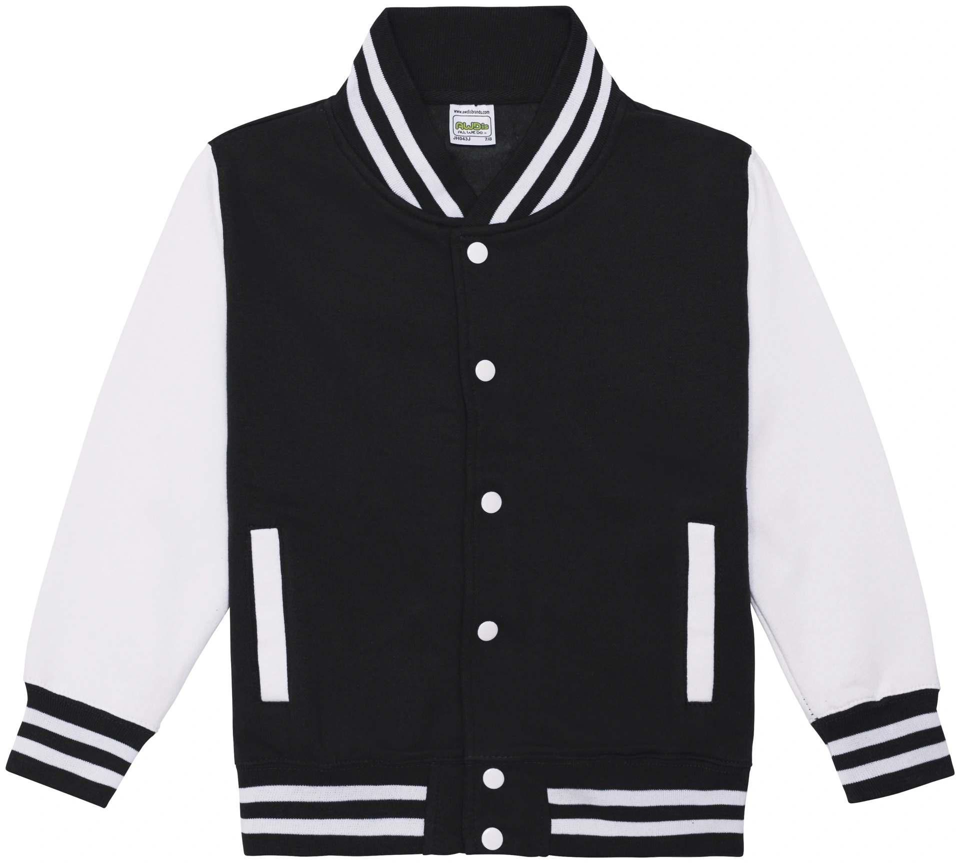 justhoods-jh043j-kids-varsity-jacket-jetblack-white-front-1 Just Hoods Kids Varsity Jacket
