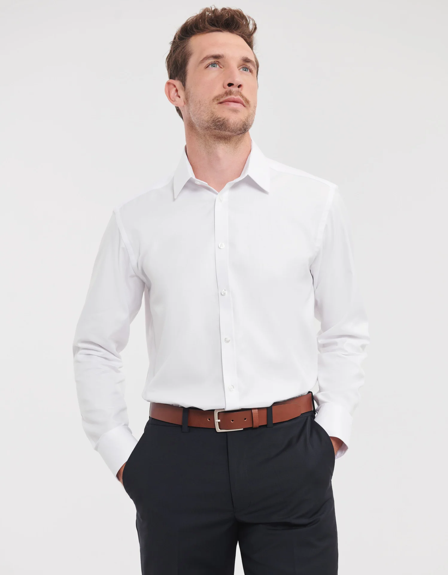 russell-r962m-mens-ls-herringbone-shirt-white-model-1 Russell Men's Long Sleeve Herringbone Shirt