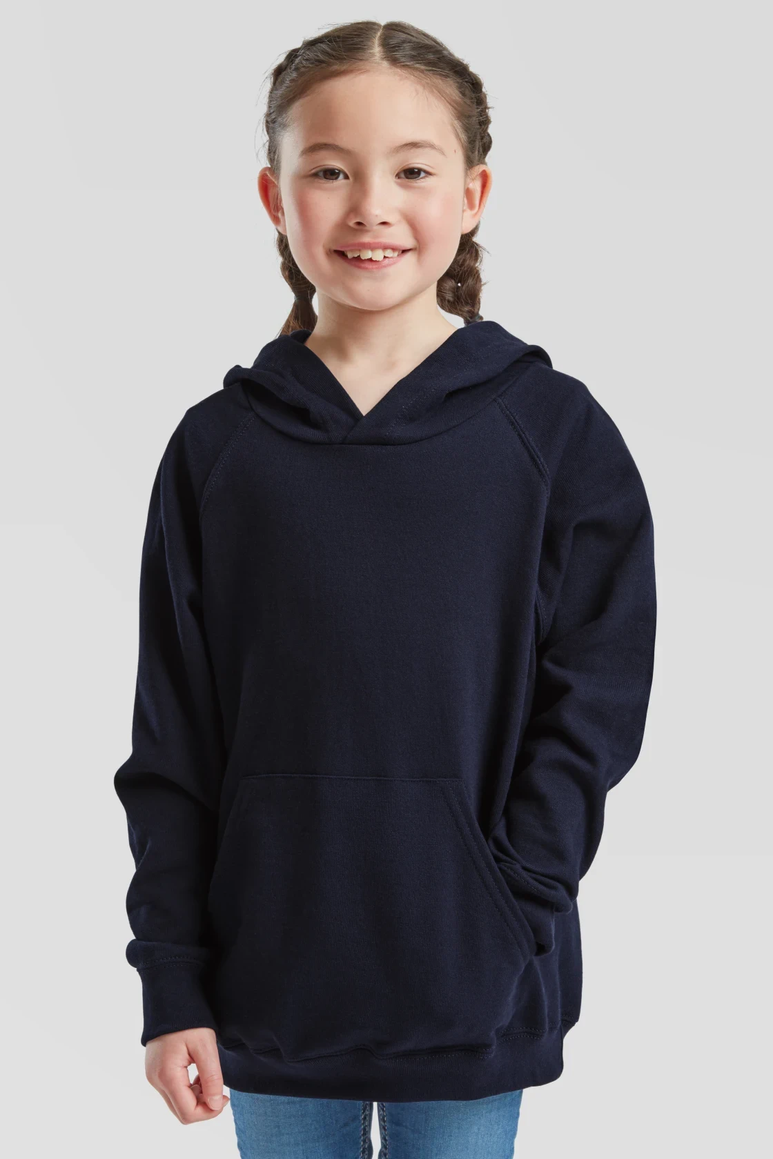 fruit-of-the-loom-62-009-0-kids-lightweight-hooded-sweatshirt-deepnavy-model-0 F.O.L. Kids Lightweight Hooded Sweat