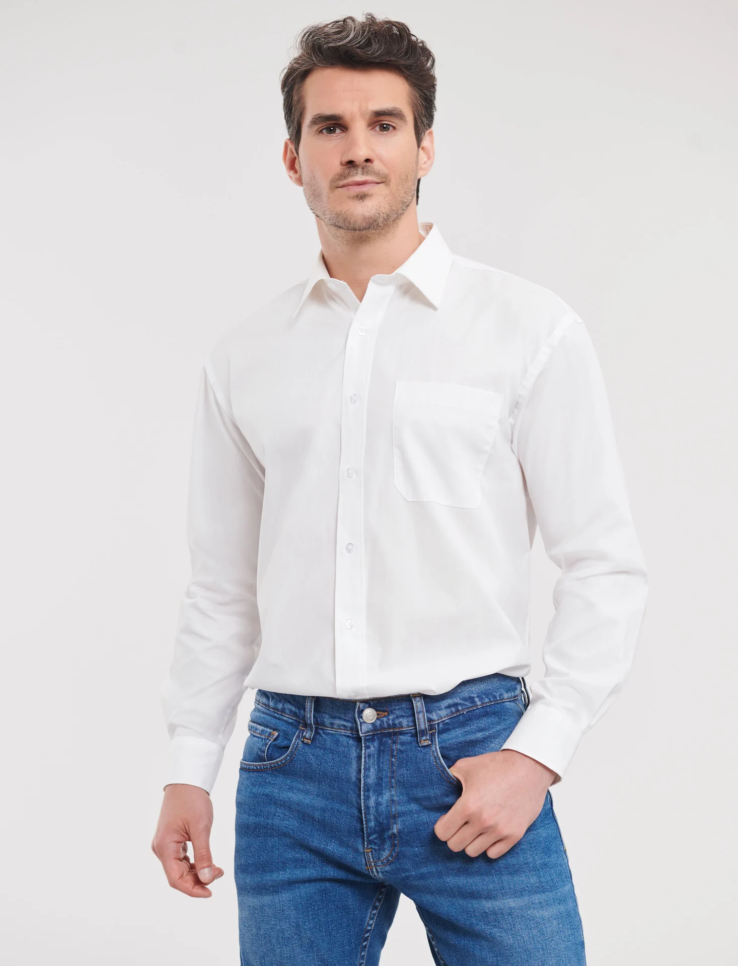russell-r936m-mens-ls-pure-cotton-easy-care-poplin-shirt-white-model-1 Russell Men's Long Sleeve Pure Cotton Easy Care Poplin Shirt