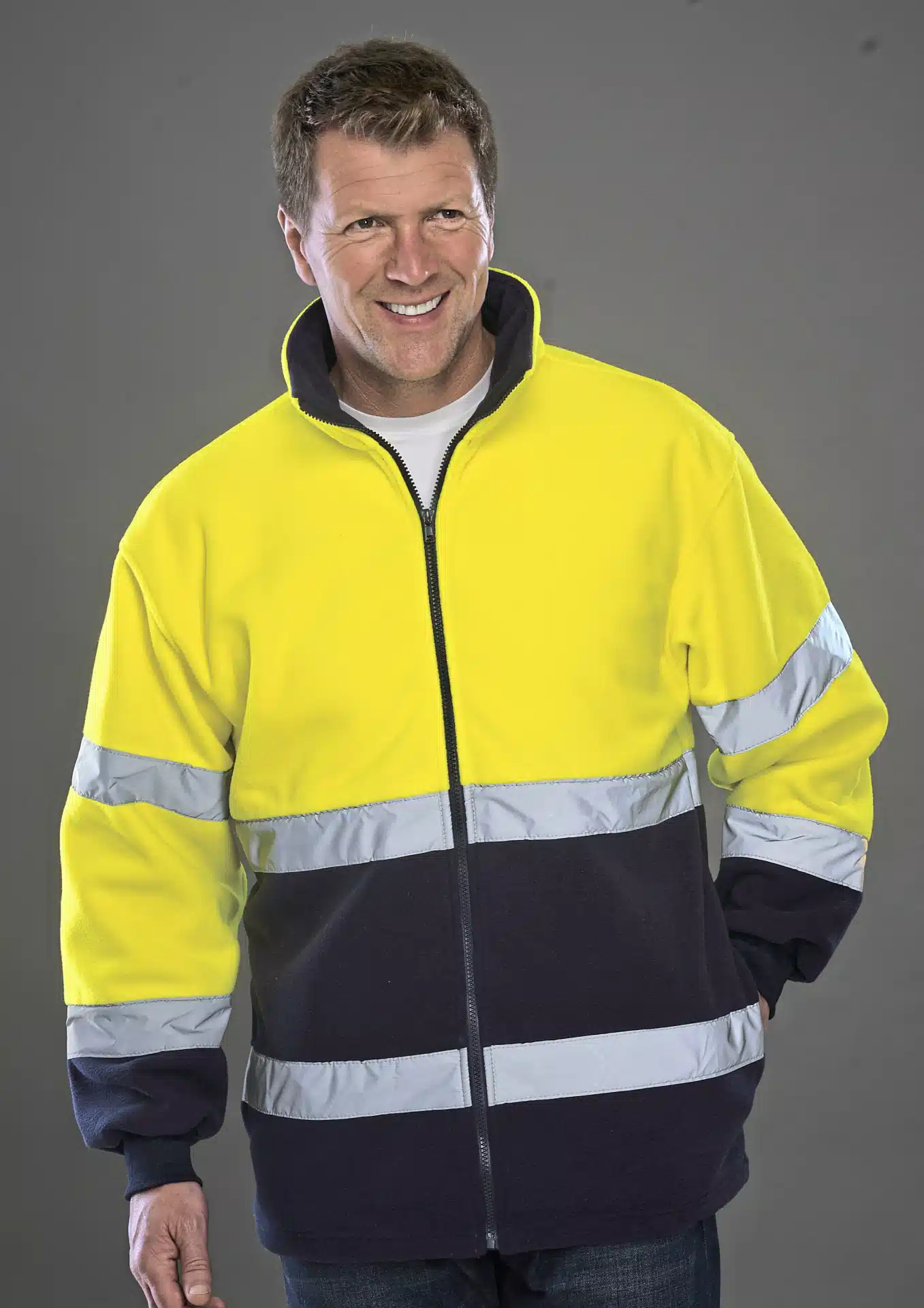 yoko-hvk10b-hi-vis-2-bands-2-tone-fleece-jacket-hi-vis-yellow-navy-model-2 YOKO High Visibility 2 Bands 2-Tone Fleece Jacket