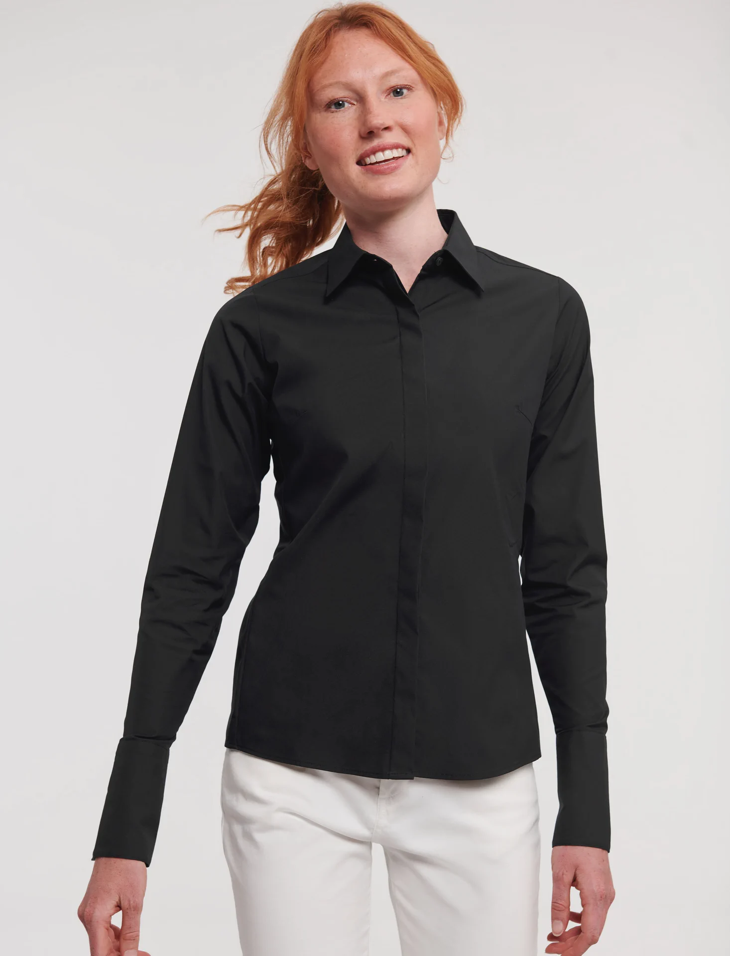 russell-r960f-ladies-ls-ultimate-stretch-shirt-black-model-1 Russell Ladies Long Sleeve Ultimate Stretch Shirt
