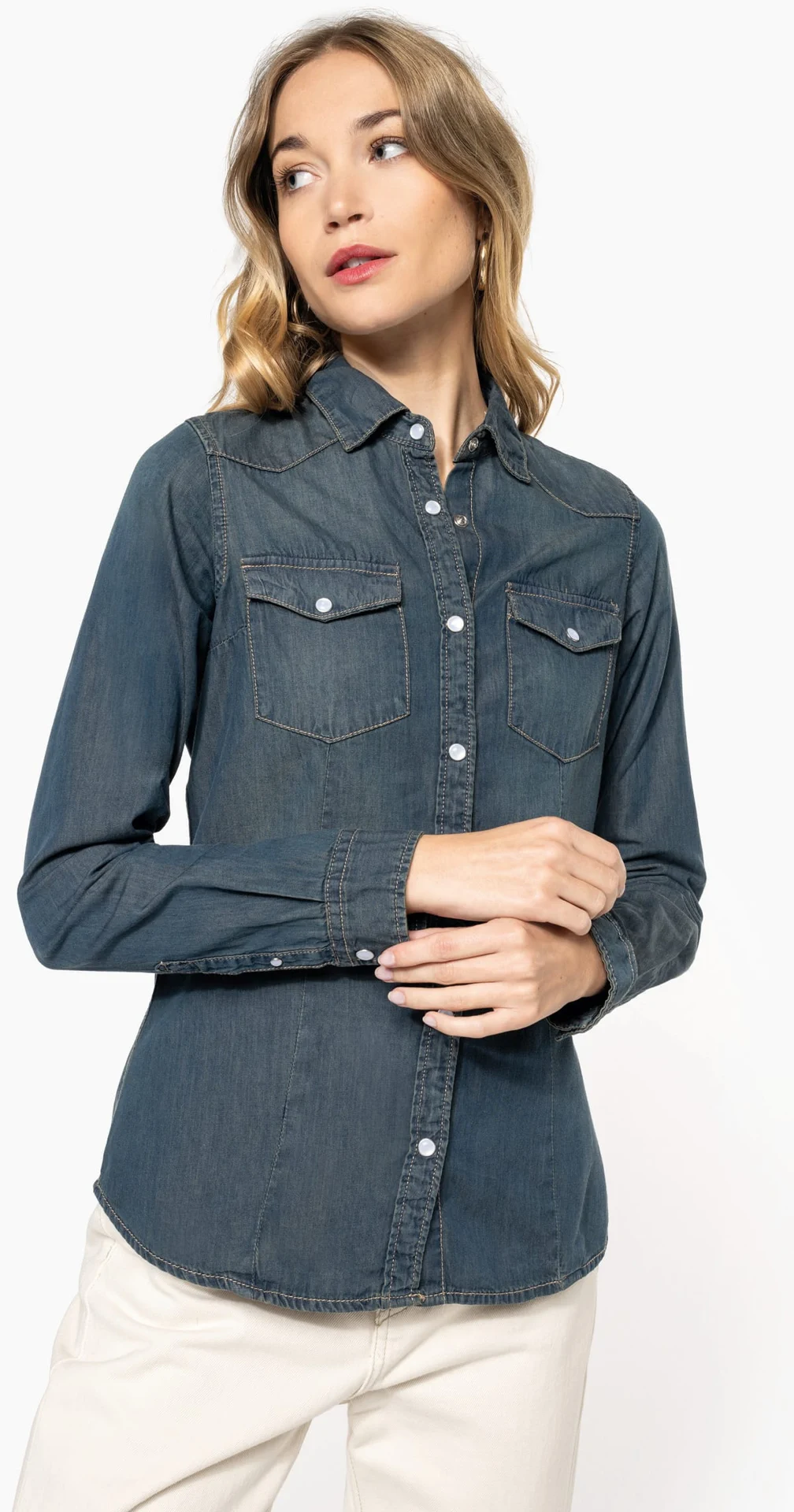 K518-denim-bluse-langarm-model-0 Kariban Denim Bluse langarm