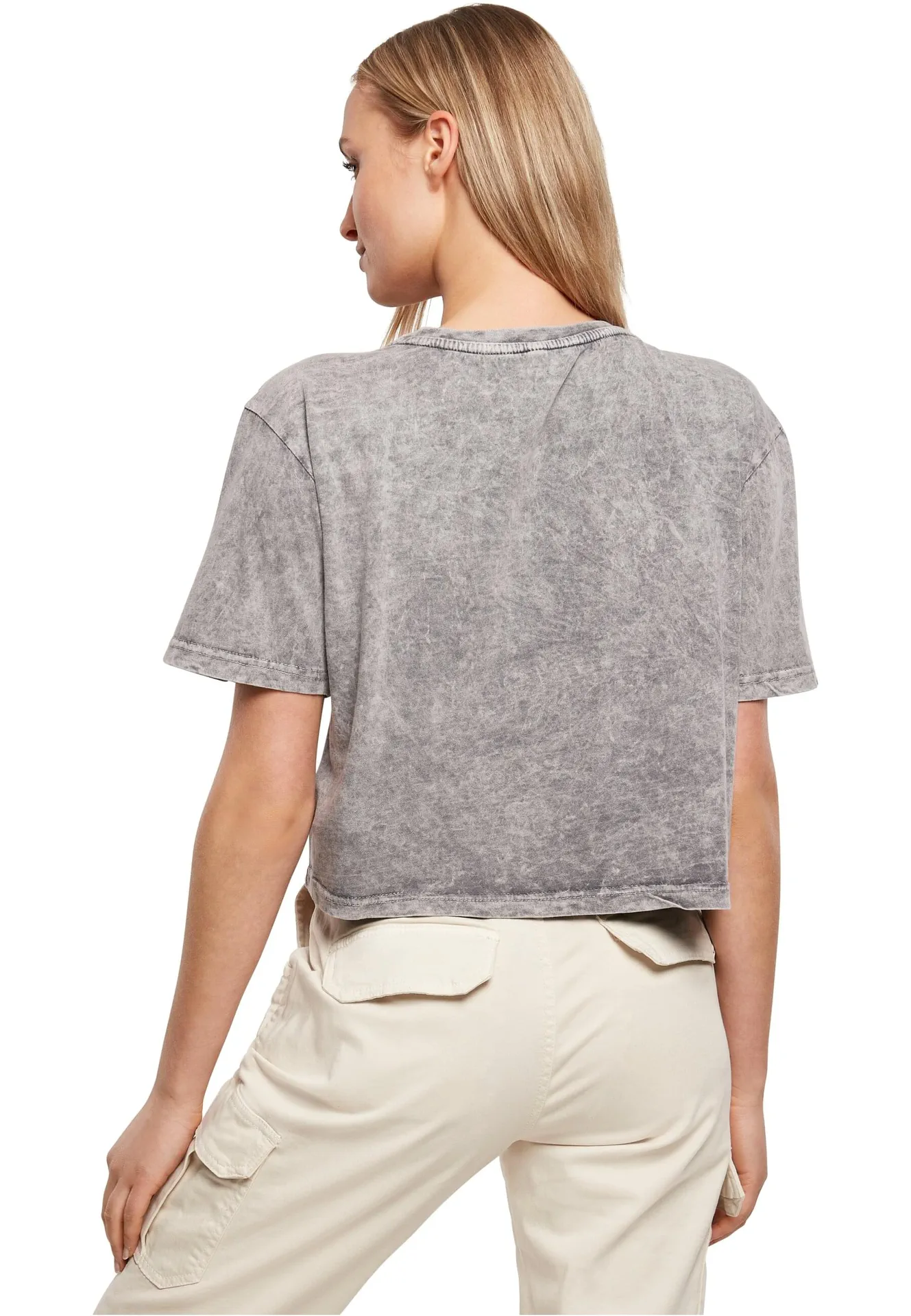 BYB-BY054-ladies-acid-washed-cropped-t-shirt-grey-model-2 Build Your Brand Ladies Acid Washed Cropped Tee