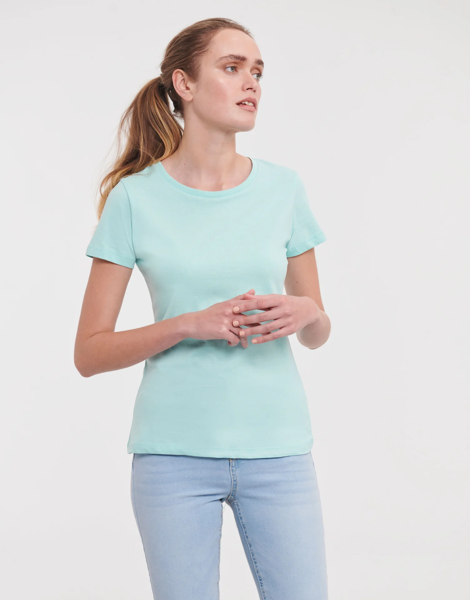 russell-r108f-ladies-pure-organic-t-shirt-aqua-model-1 Russell Ladies Authentic Tee Pure Organic