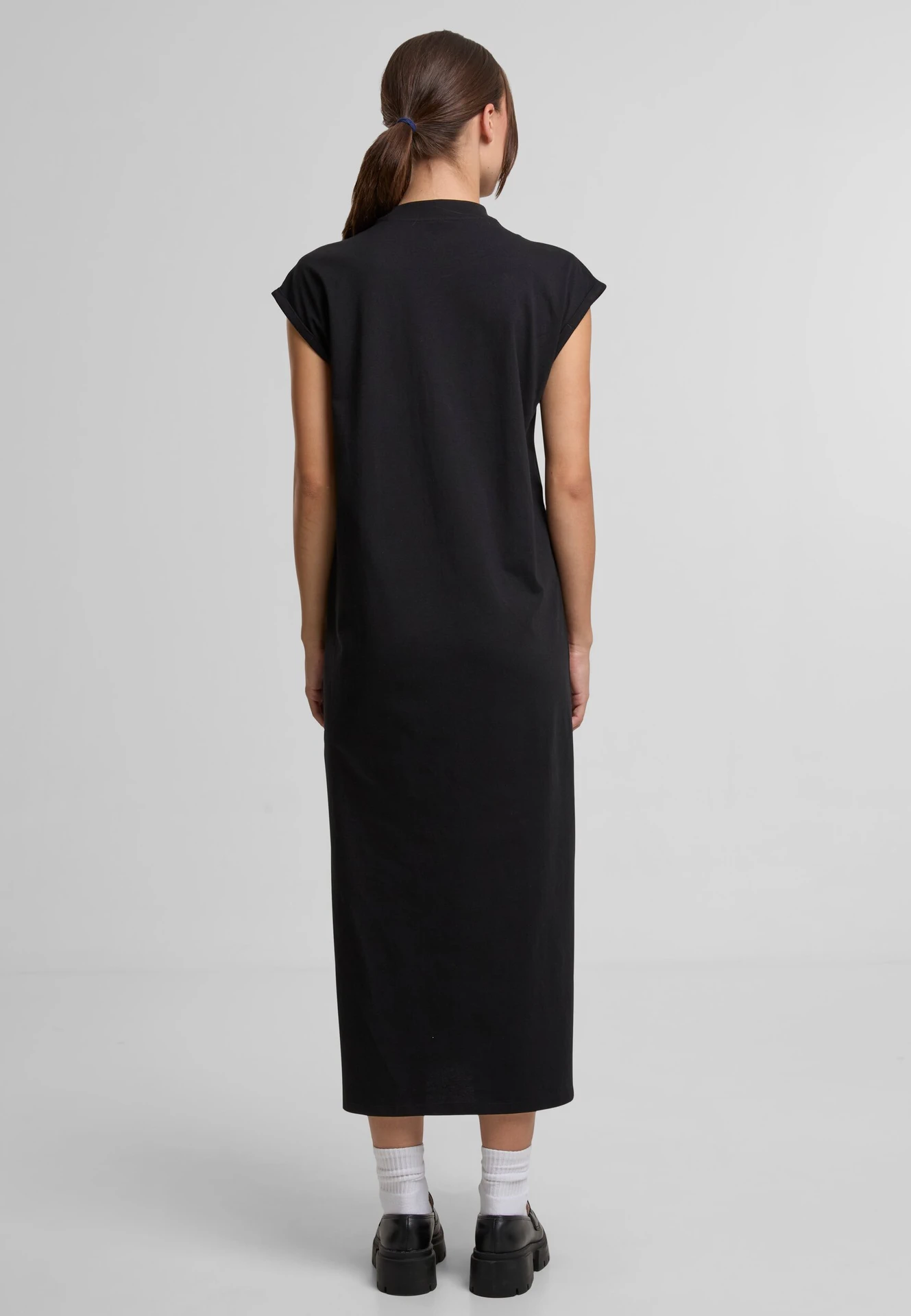 BYB-BY302-ladies-long-extended-shoulder-dress-black-model-2 Build Your Brand Ladies Long Extended Shoulder Dress