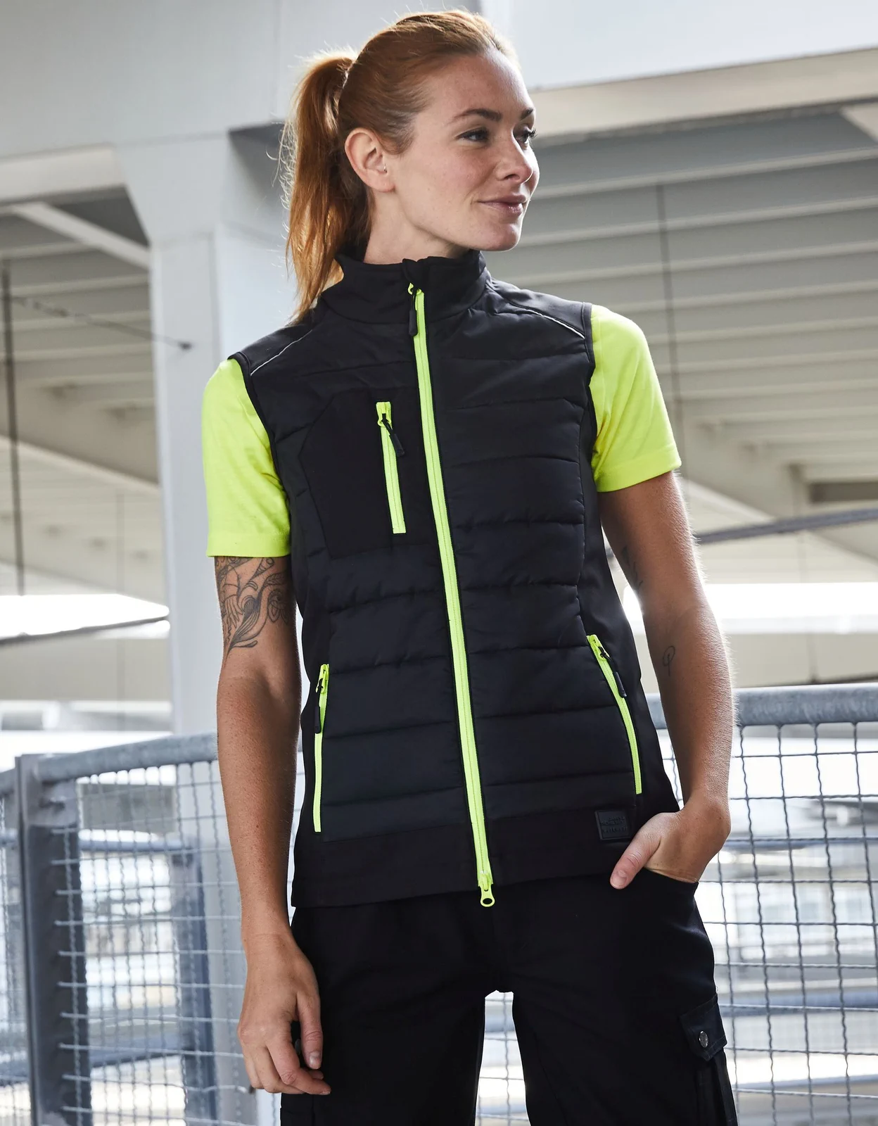 jn1821-ladies-hybrid-vest-model-0 James & Nicholson Ladies Hybrid Vest 1821