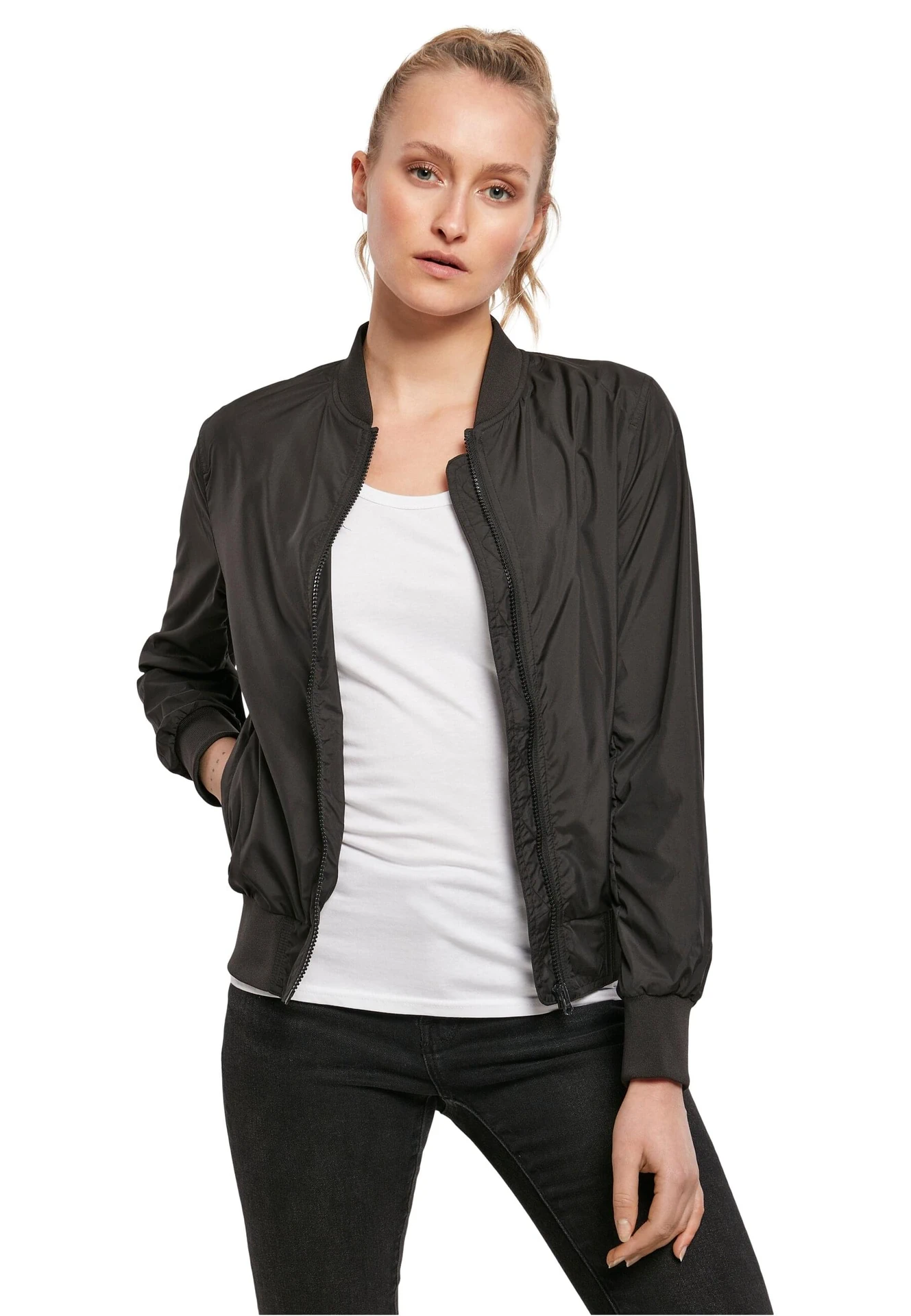 BYB-BY044-ladies-nylon-bomber-jacket-black-model-0 Build Your Brand Ladies Nylon Bomber Jacket