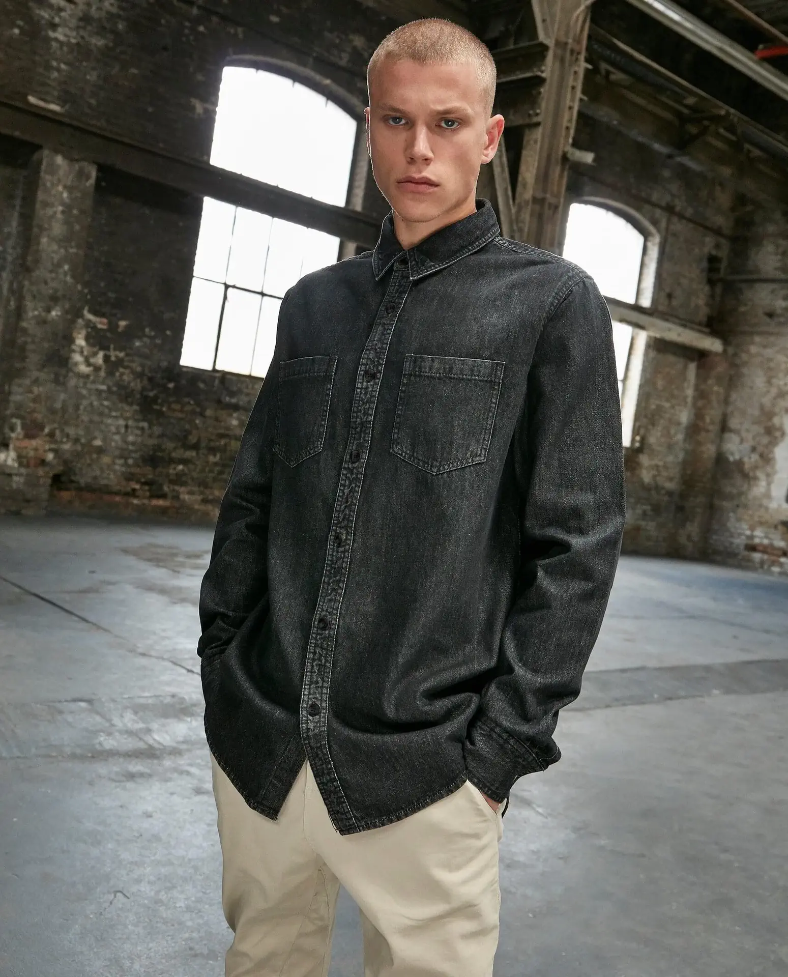 BYB-BY152-denim-shirt-blackwashed-model-1 Build Your Brand Denim Shirt