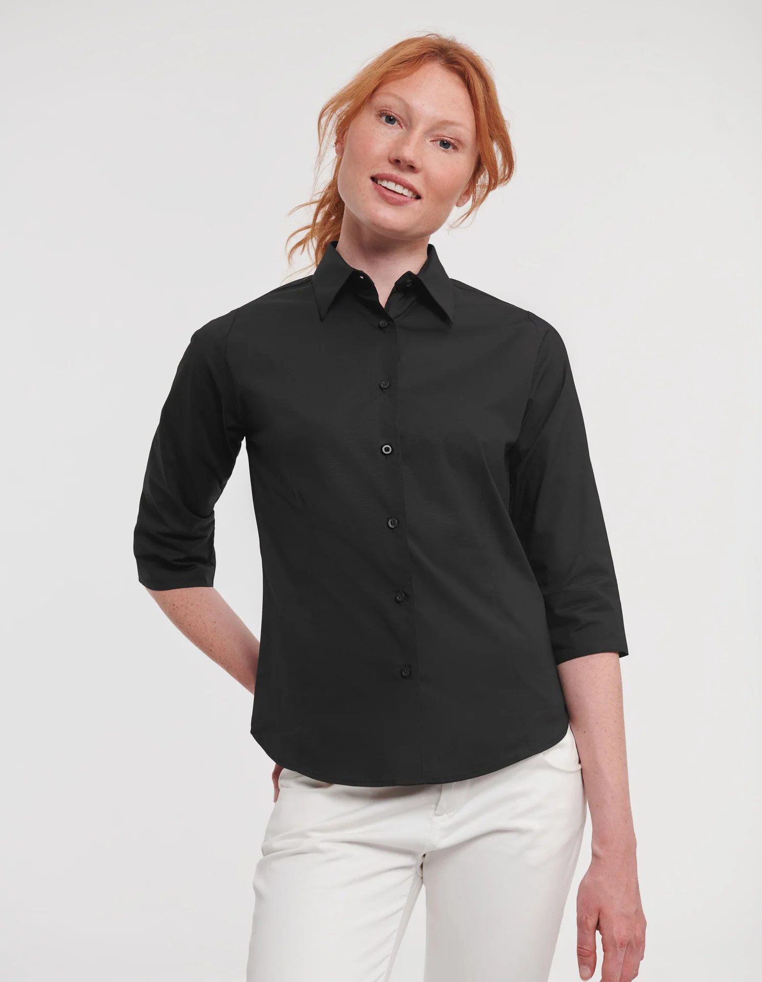 russell-r946f-ladies-ls-easy-care-fitted-shirt-black-model-1 Russell Ladies Long Sleeve Easy Care Fitted Shirt