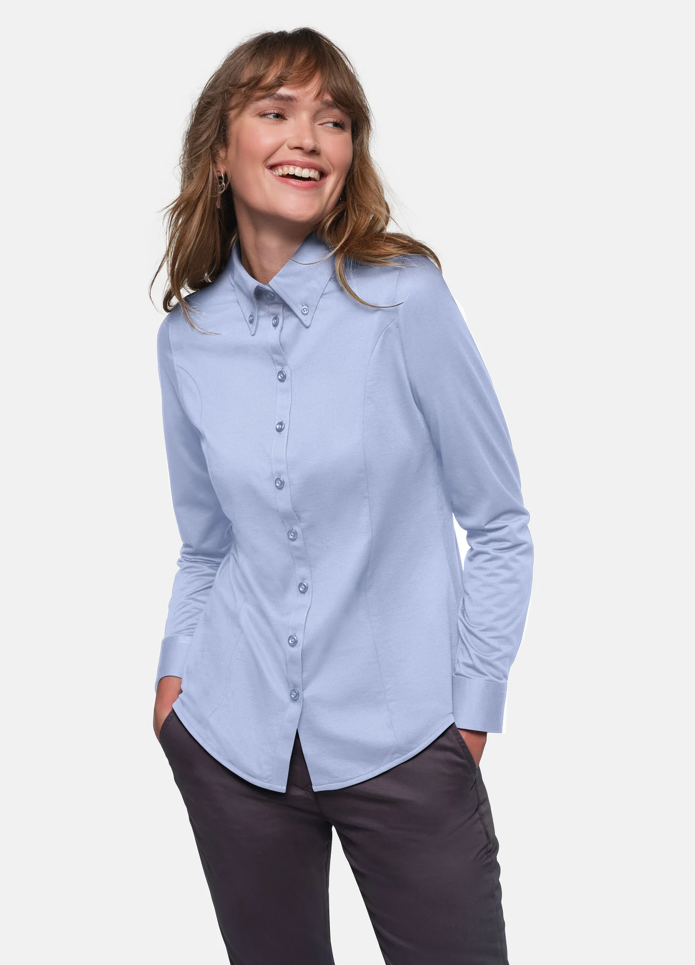 hakro-129-bluse-natural-stretch-ozeanblau-model-0 HAKRO Bluse 1/1 Arm 129 Natural Stretch