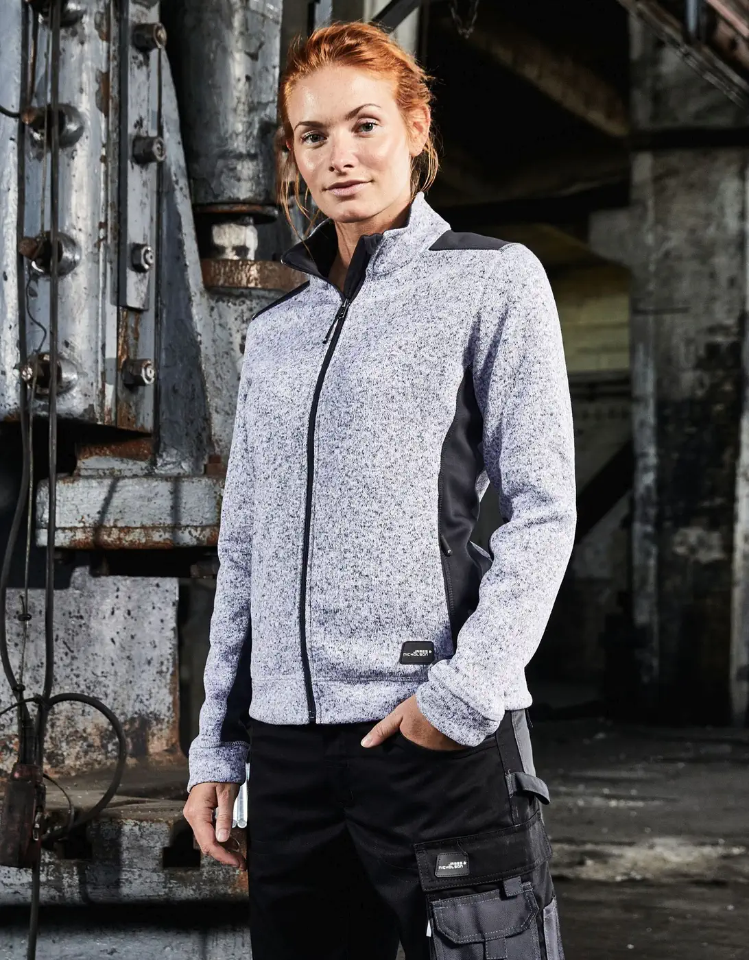 jn861-ladies-knitted-workwear-fleece-jacket-model-2 James & Nicholson Ladies Knitted Workwear Fleece Jacket -STRONG-