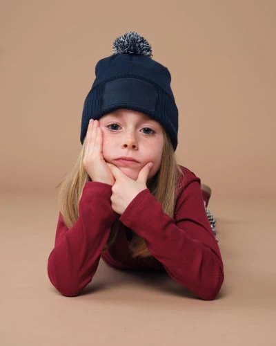 beechfield-b443b-kids-snowstar-patch-beanie-frenchnavy-lightgrey-model-0 Beechfield Kids Snowstar Patch Beanie