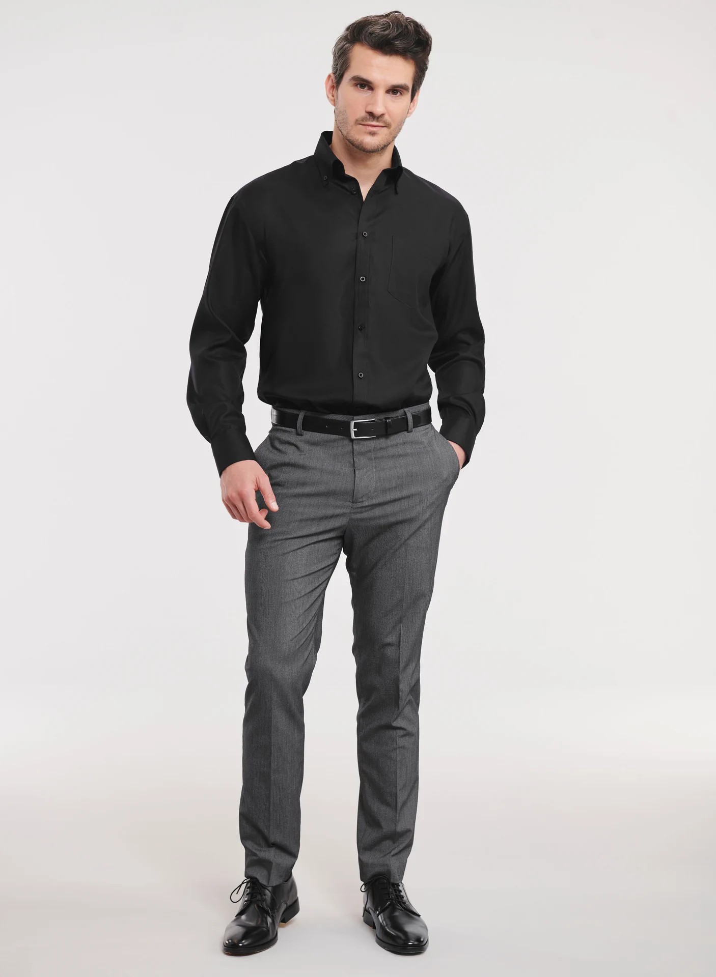 russell-r956m-mens-ls-ultimate-non-iron-shirt-black-model-2 Russell Men's Long Sleeve Ultimate Non-Iron Shirt