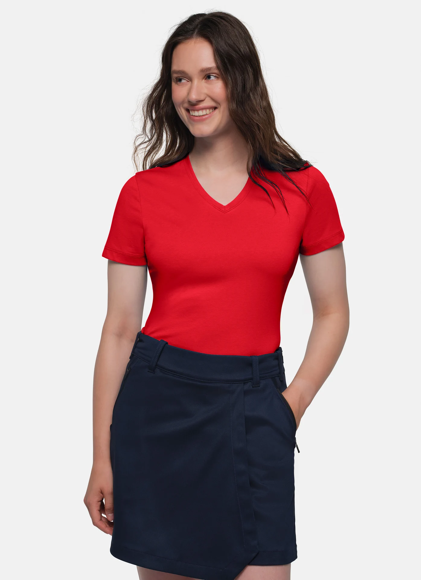 hakro-169-cotton-tec-damen-v-shirt-rot-model-0 HAKRO Damen-V-Shirt 169 Cotton-Tec