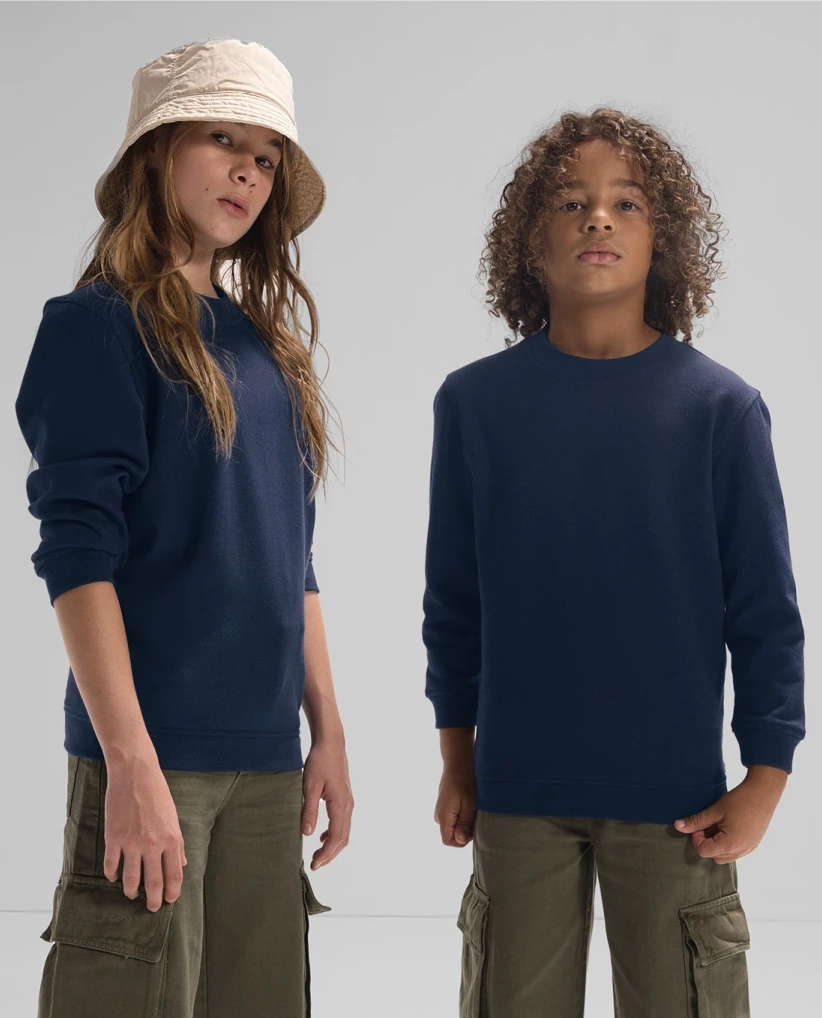 bc-wk001-id.332-crew-sweatshirt-kids-navy-model-1 B&C Kids ID.332 Crew Sweatshirt