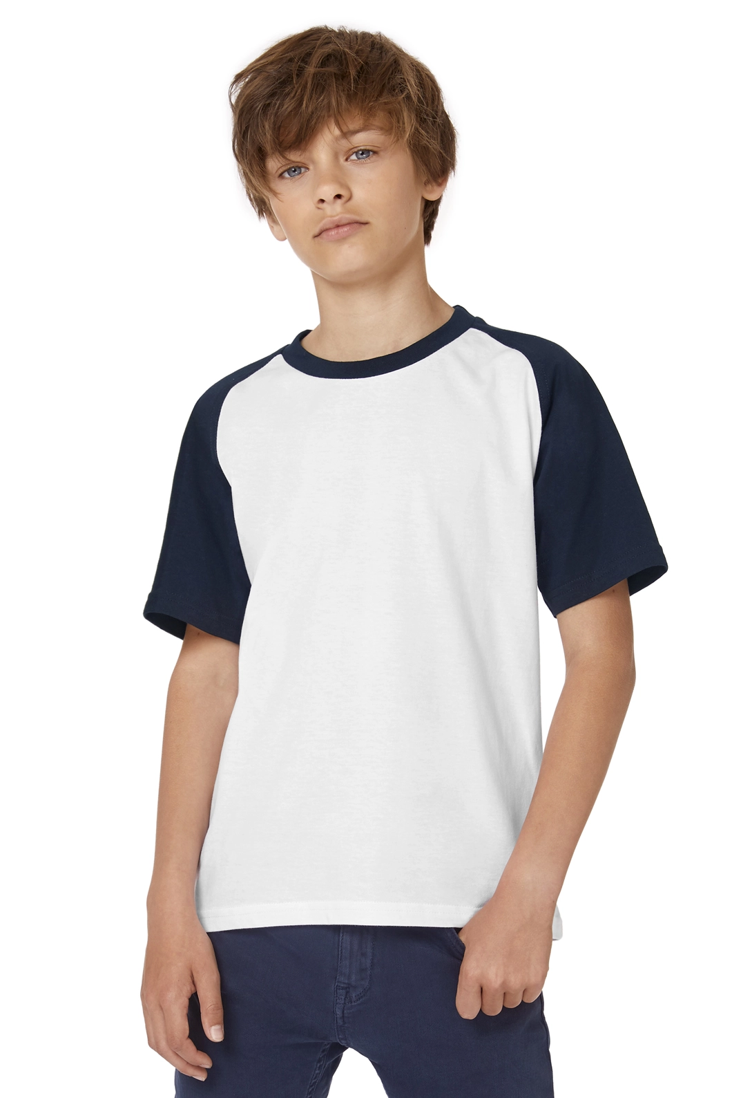 bc-tk350-base-ball-kids-t-shirt-navy-white-model-1 B&C T-Shirt Base-Ball Kids