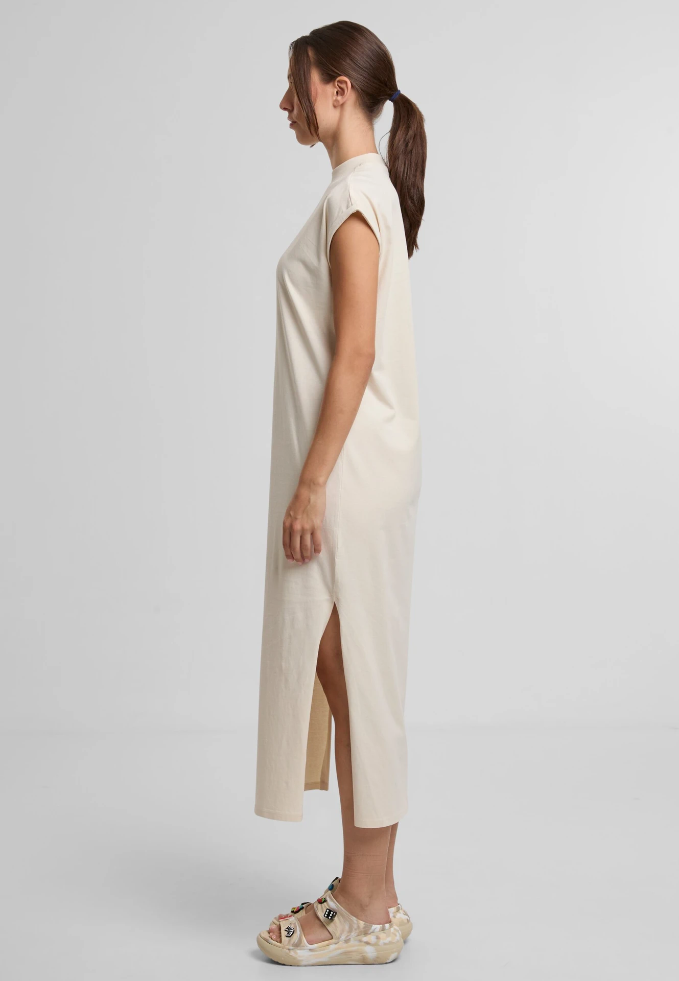 BYB-BY302-ladies-long-extended-shoulder-dress-whitesand-model-1 Build Your Brand Ladies Long Extended Shoulder Dress