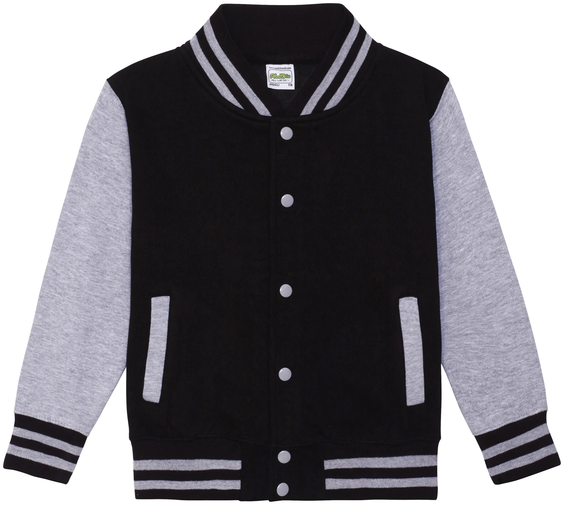 justhoods-jh043j-kids-varsity-jacket-jetblack-heathergrey-front-1 Just Hoods Kids Varsity Jacket